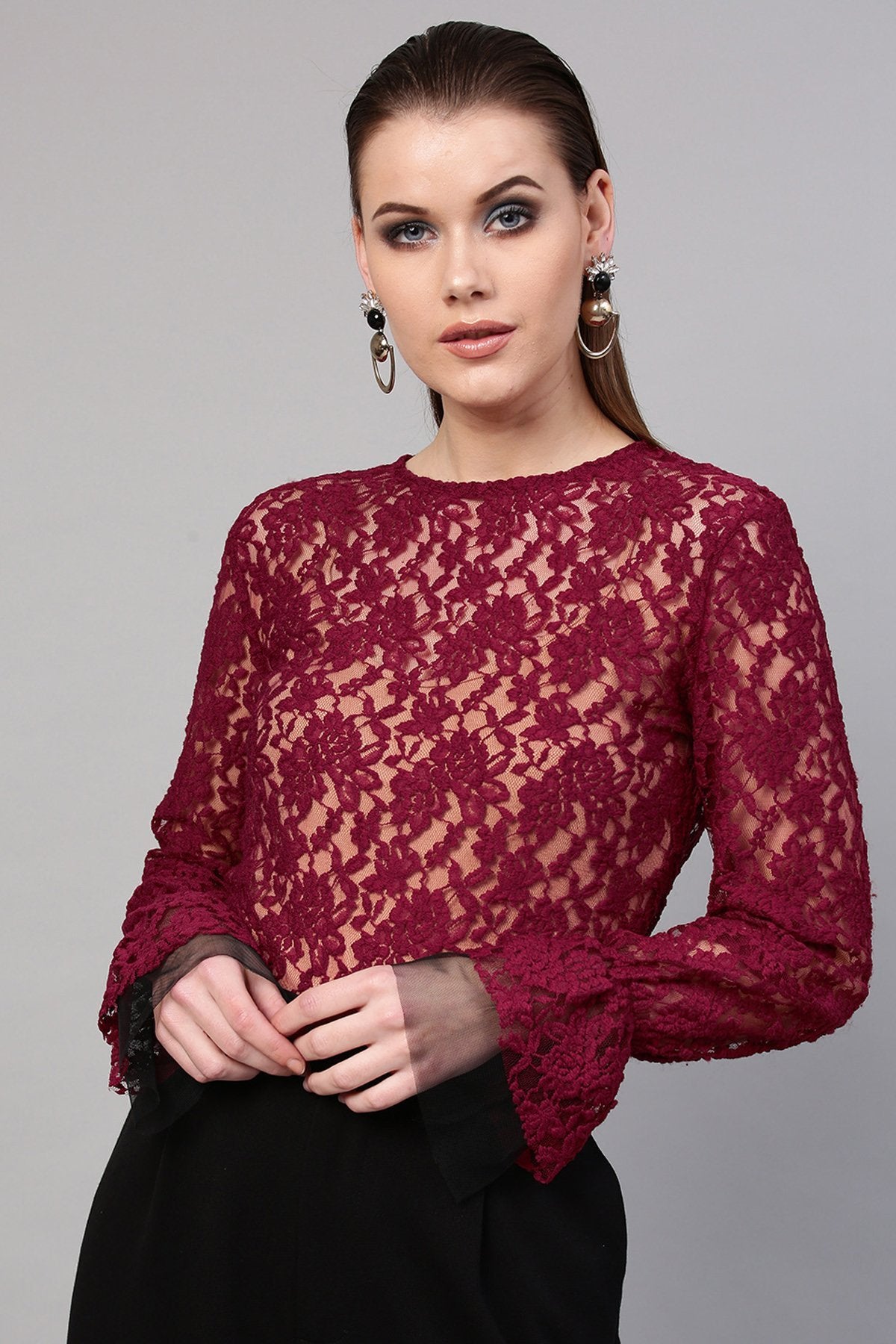Women's Wine Full Sleeves Lace Blouse - SHAE
