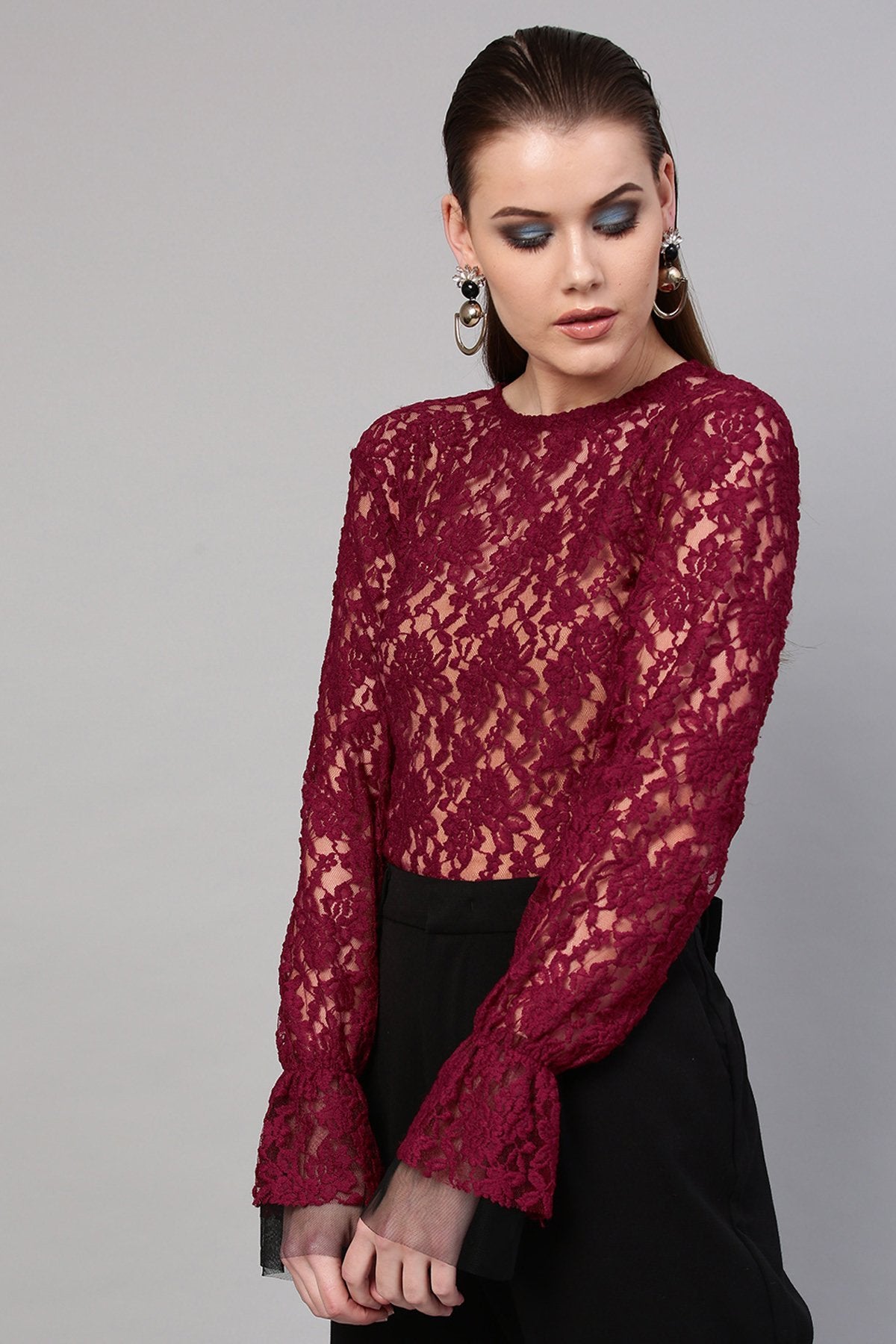 Women's Wine Full Sleeves Lace Blouse - SHAE