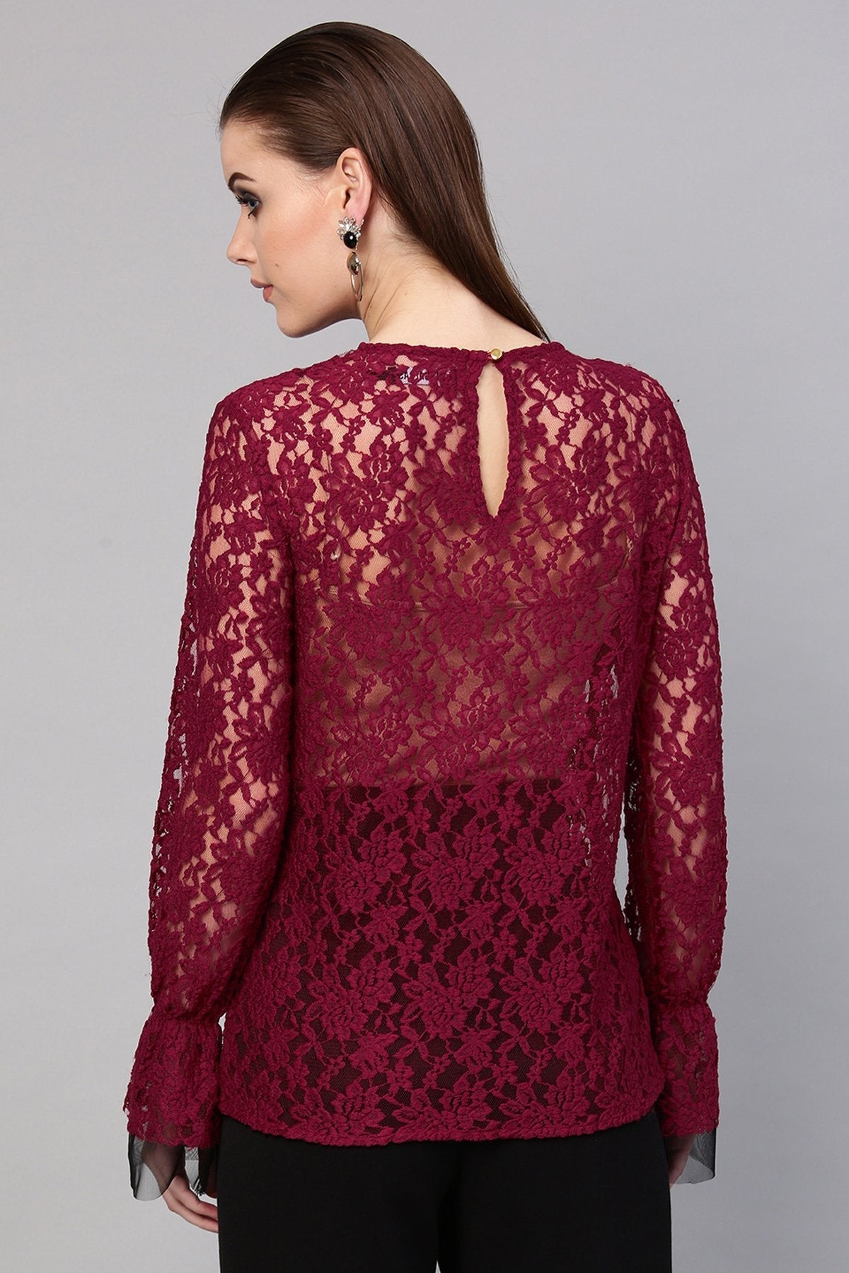 Women's Wine Full Sleeves Lace Blouse - SHAE