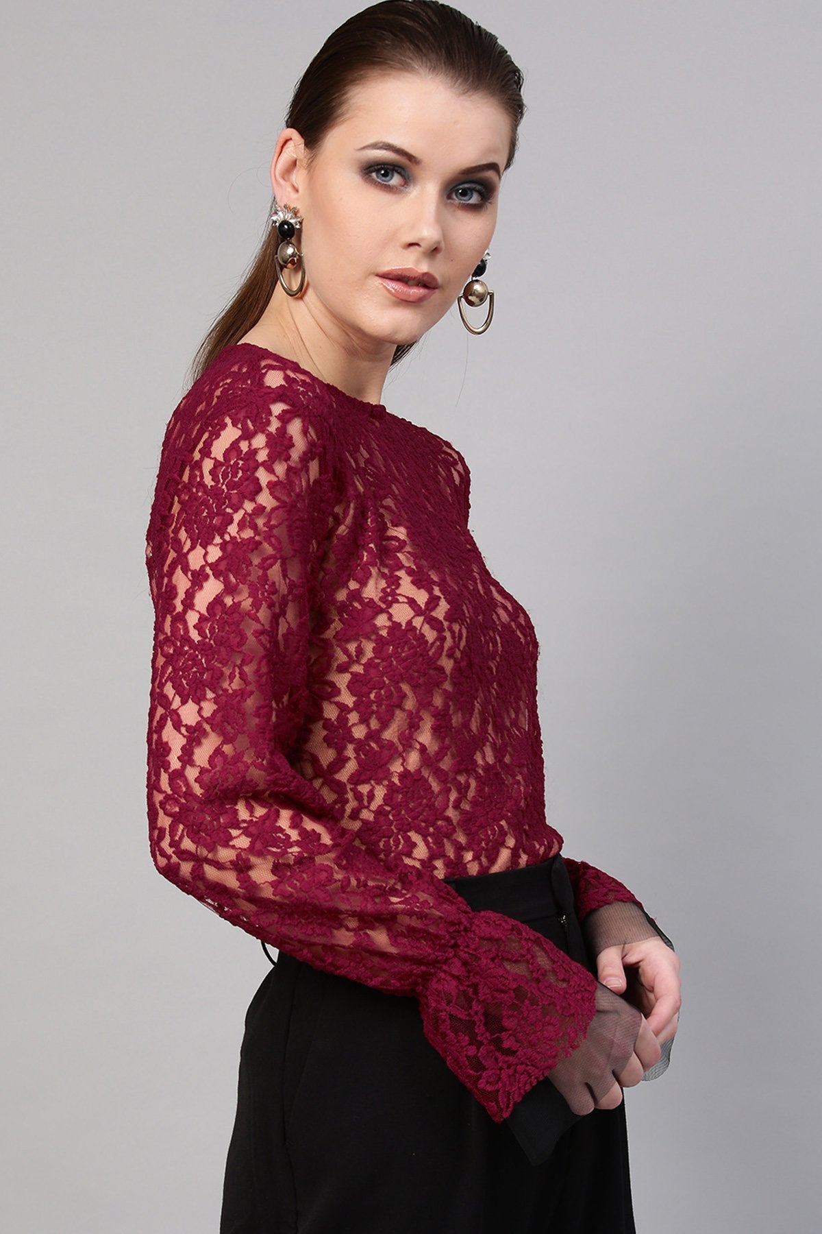 Women's Wine Full Sleeves Lace Blouse - SHAE