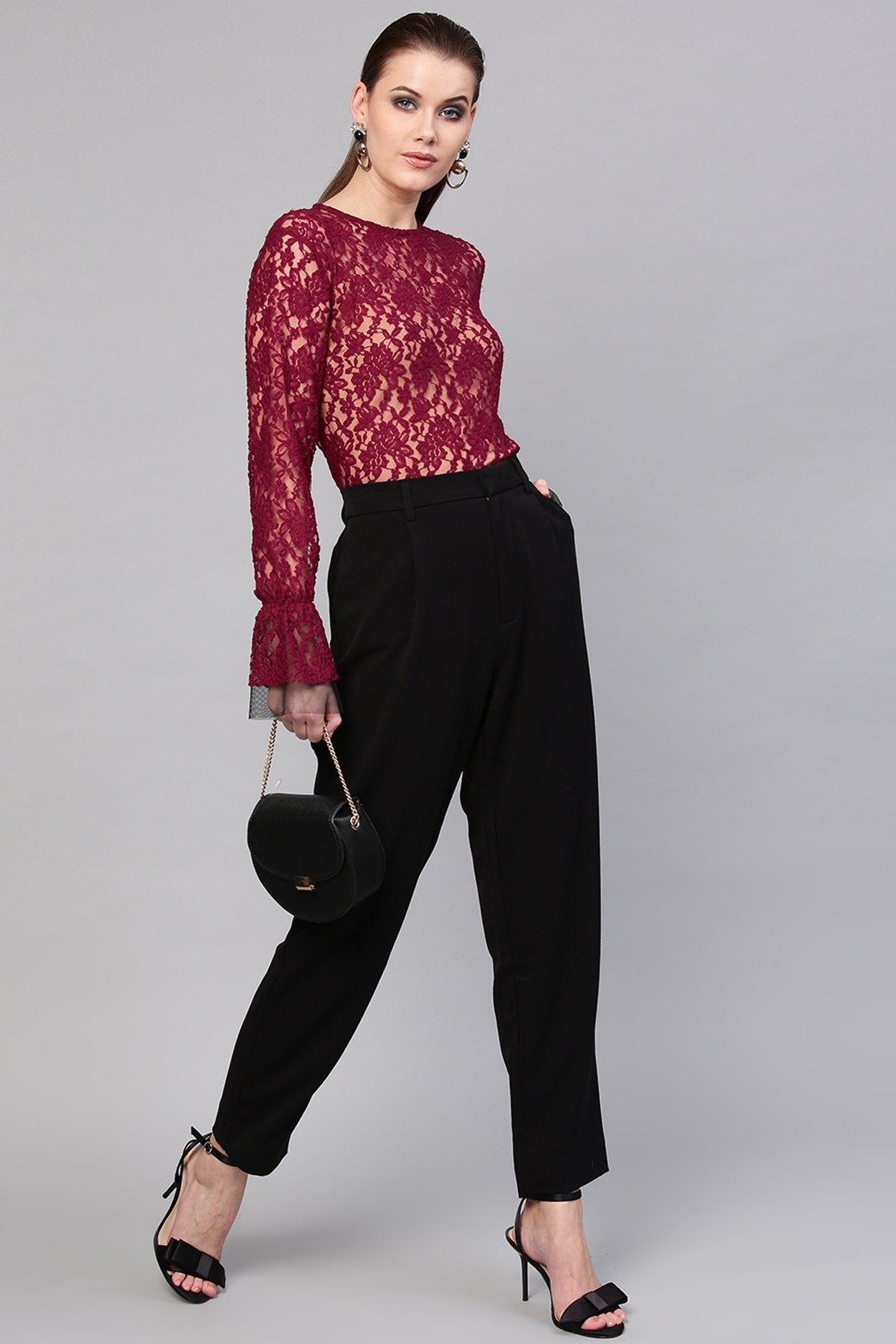 Women's Wine Full Sleeves Lace Blouse - SHAE
