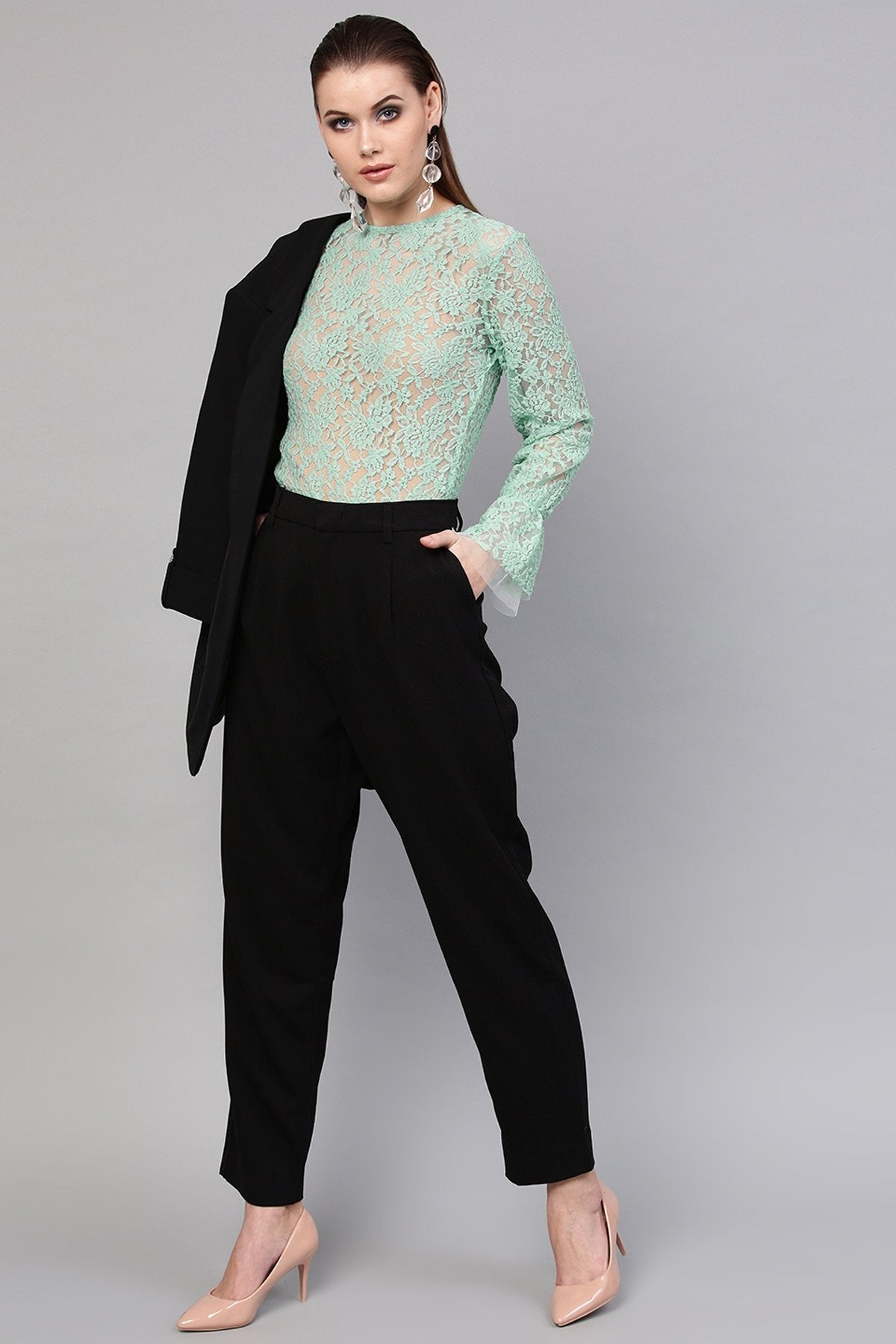 Women's Mint Blue Full Sleeves Lace Blouse - SHAE
