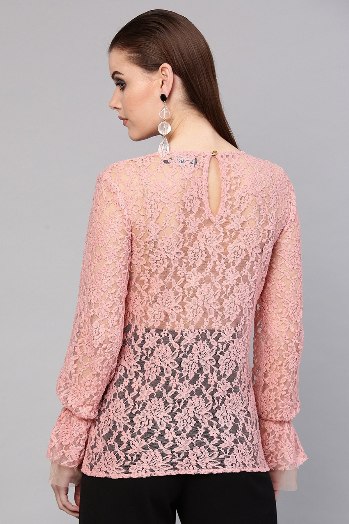 Women's Peach Full Sleeves Lace Blouse