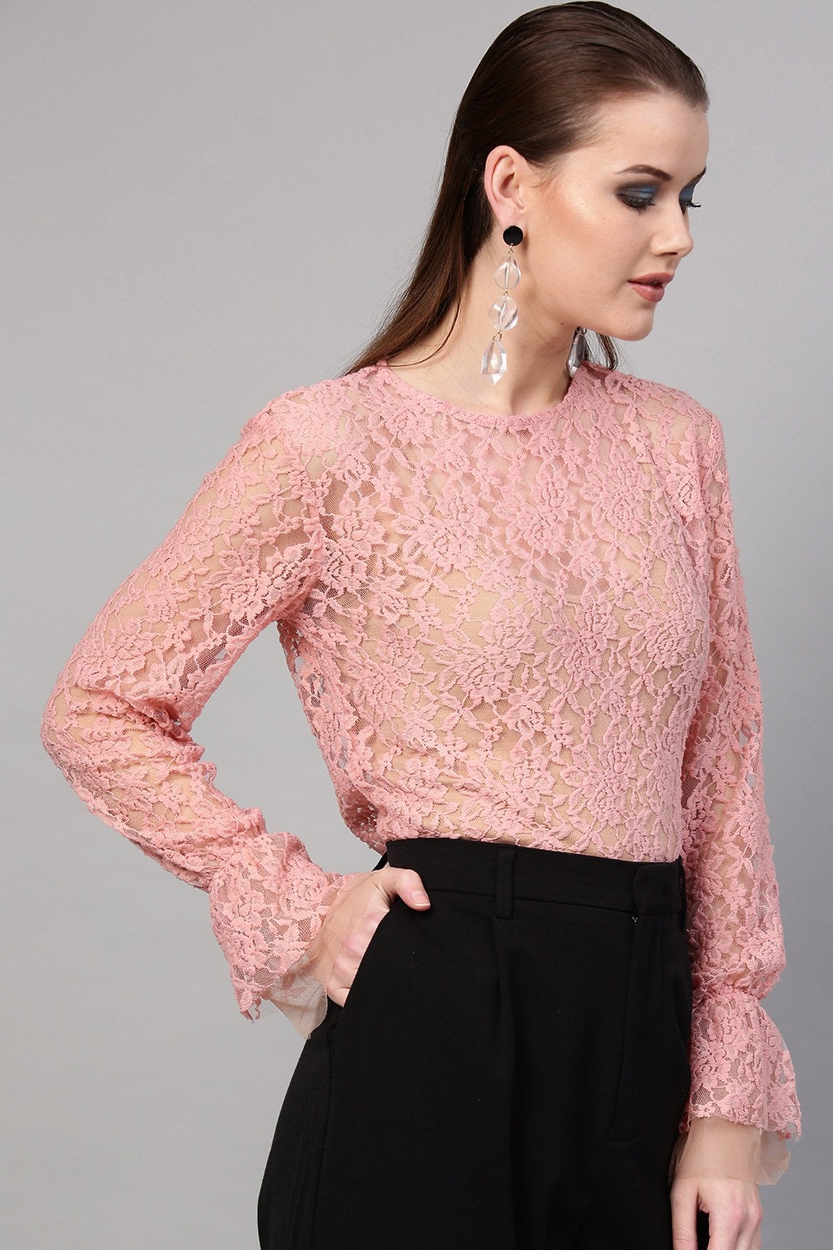 Women's Peach Full Sleeves Lace Blouse