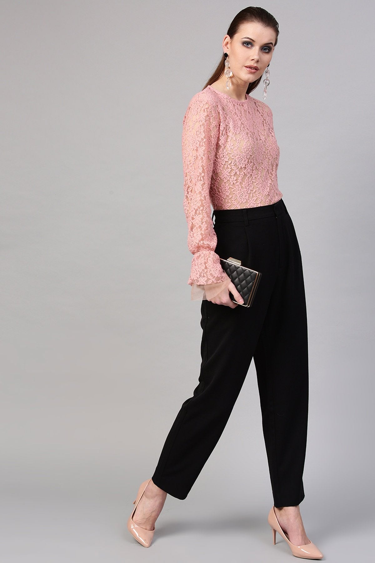 Women's Peach Full Sleeves Lace Blouse