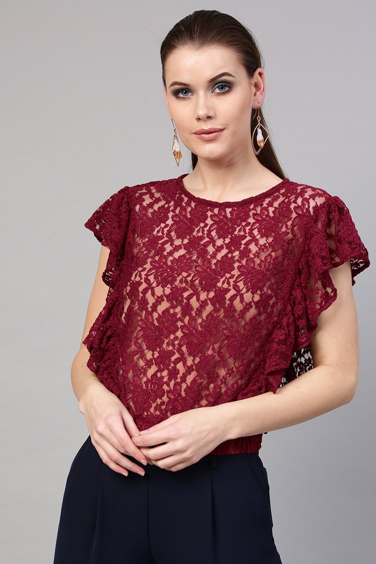 Women's Wine Lace Frill Crop Top - SASSAFRAS