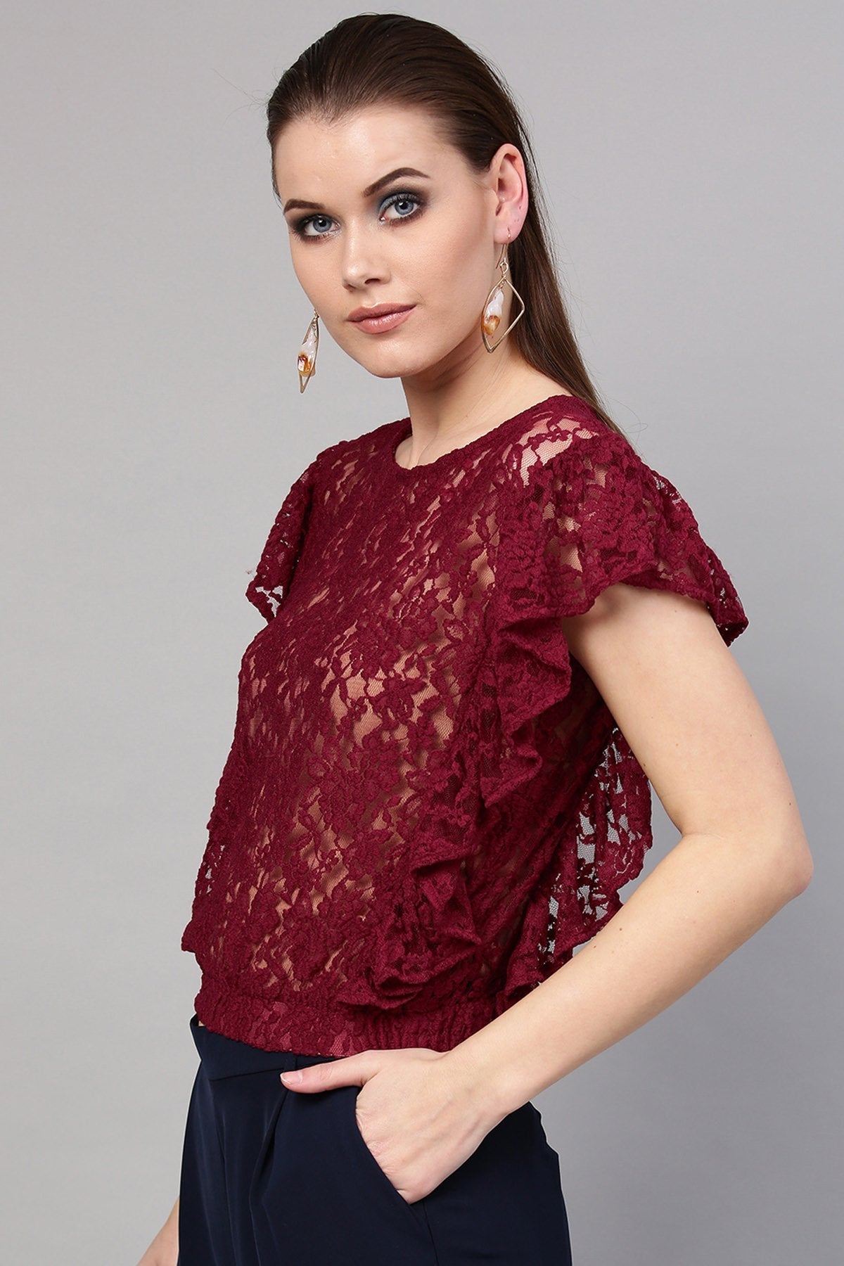 Women's Wine Lace Frill Crop Top - SASSAFRAS