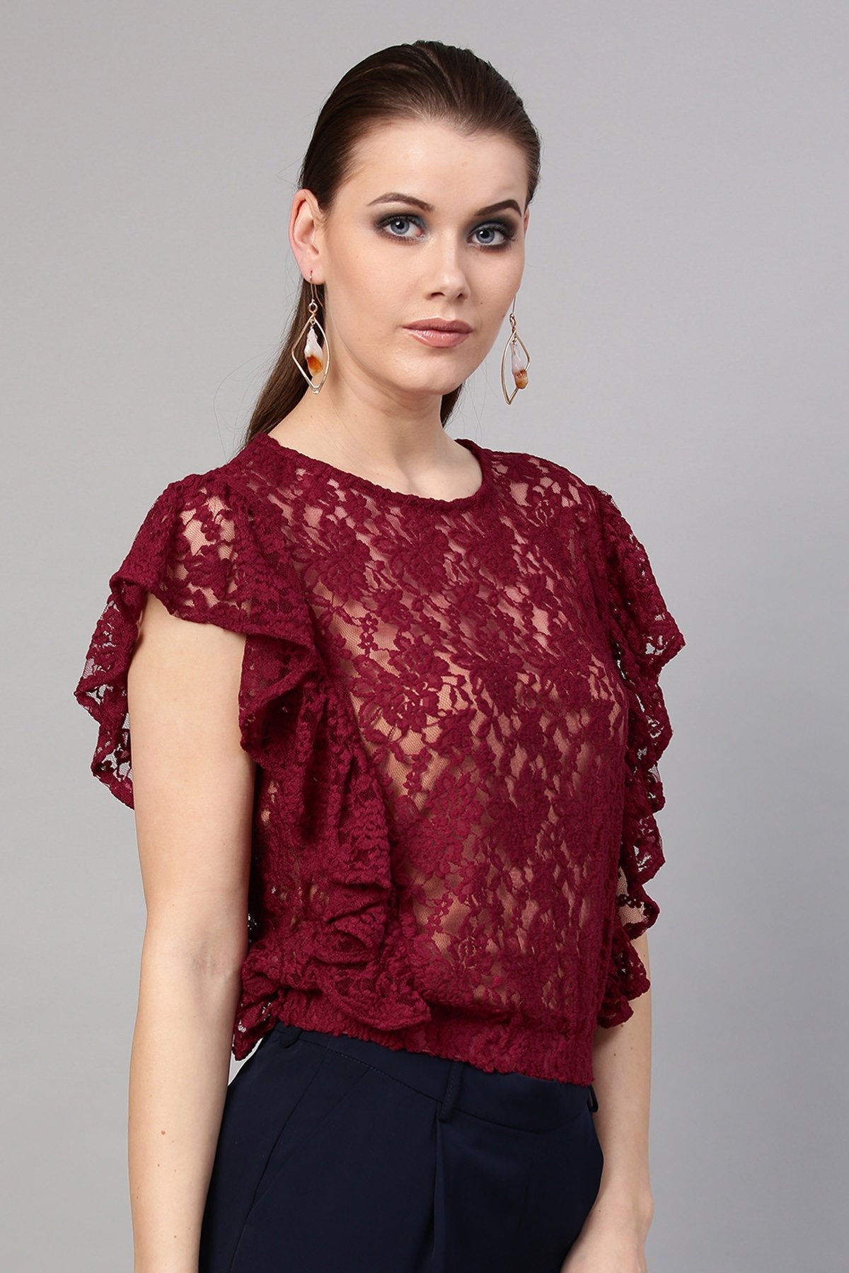 Women's Wine Lace Frill Crop Top - SASSAFRAS