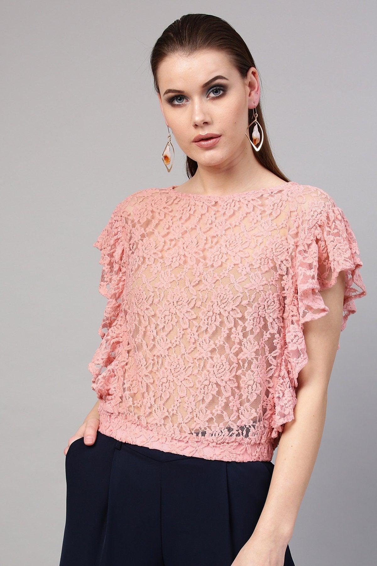 Women's Peach Lace Frill Crop Top - SASSAFRAS