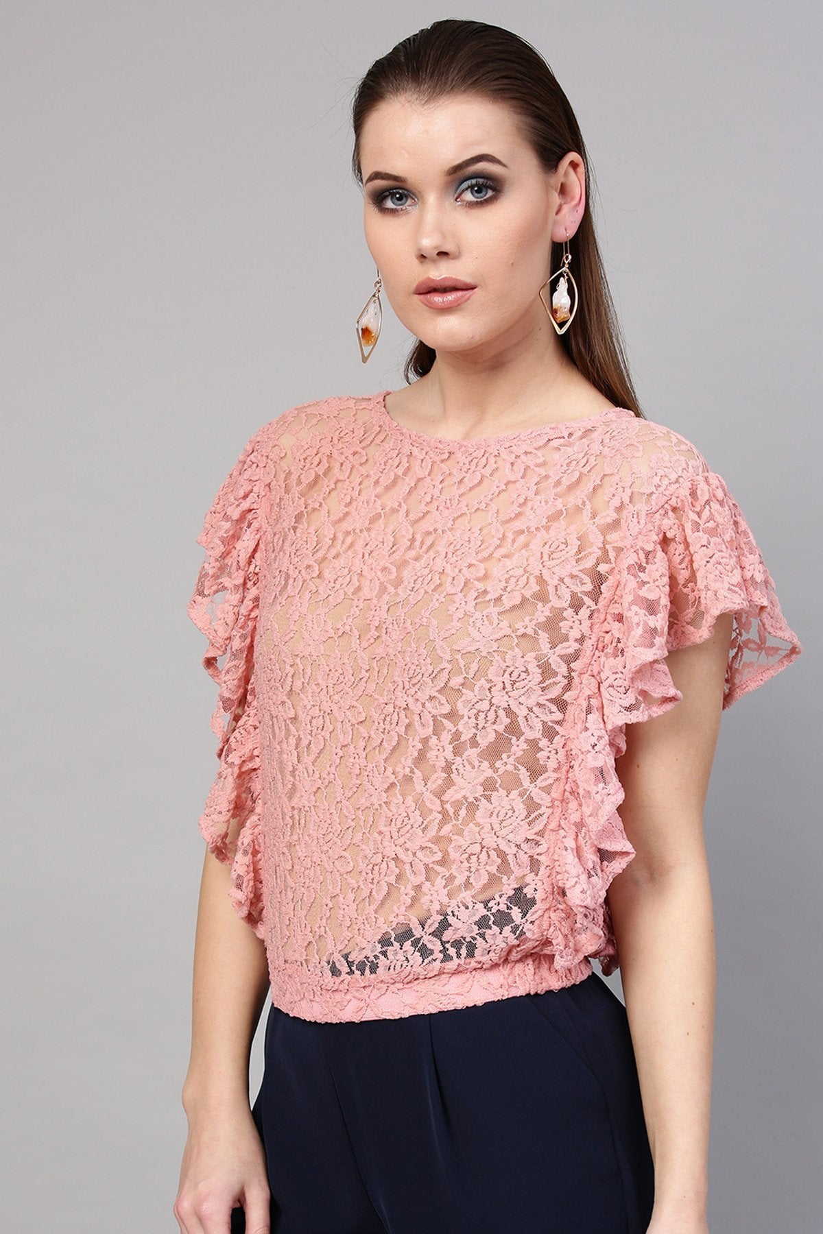 Women's Peach Lace Frill Crop Top - SASSAFRAS