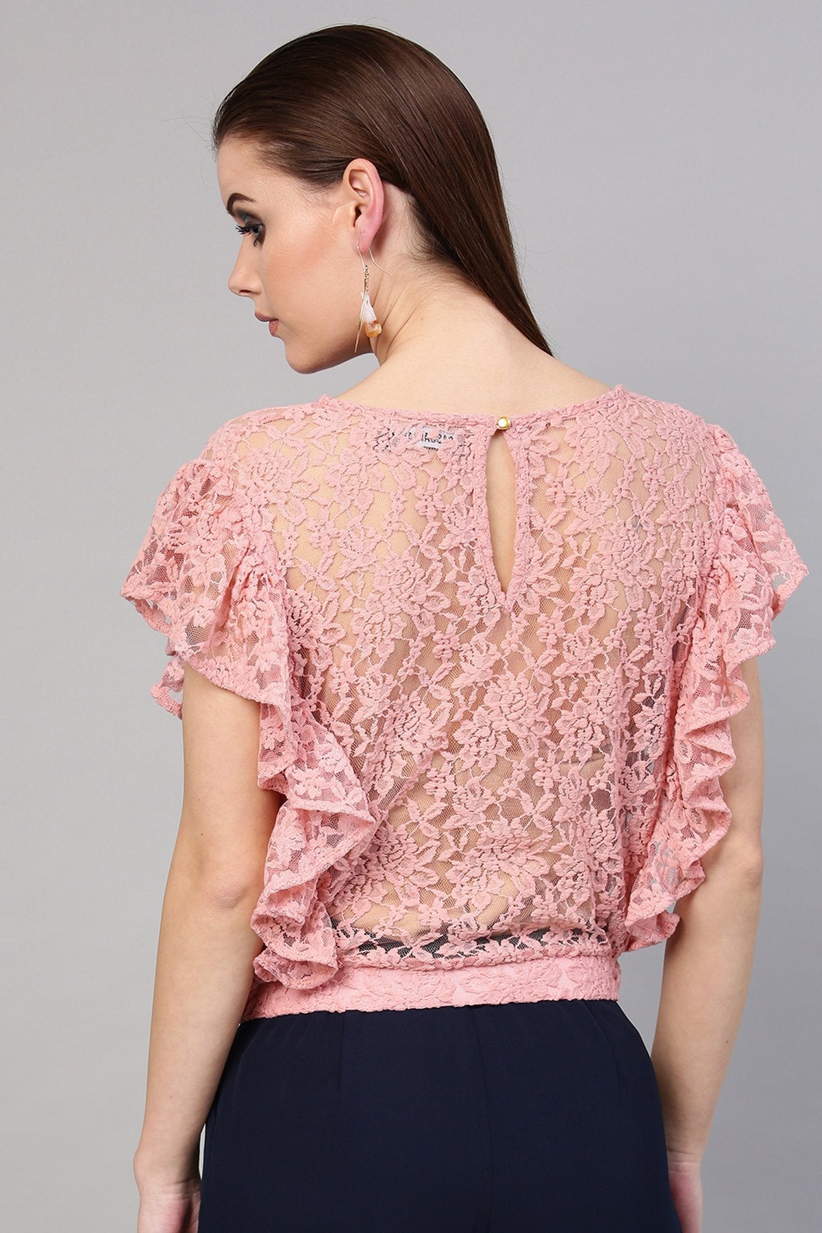 Women's Peach Lace Frill Crop Top - SASSAFRAS