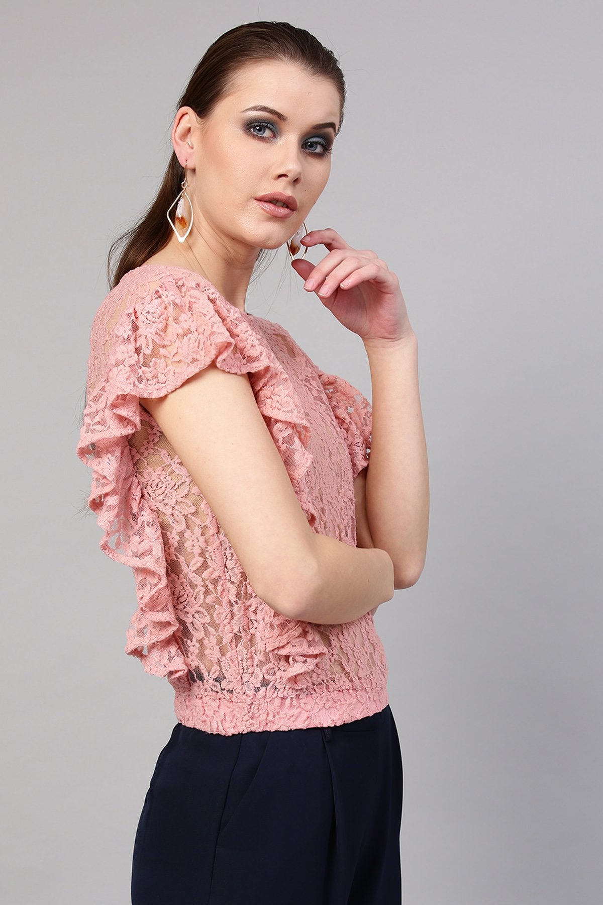 Women's Peach Lace Frill Crop Top - SASSAFRAS