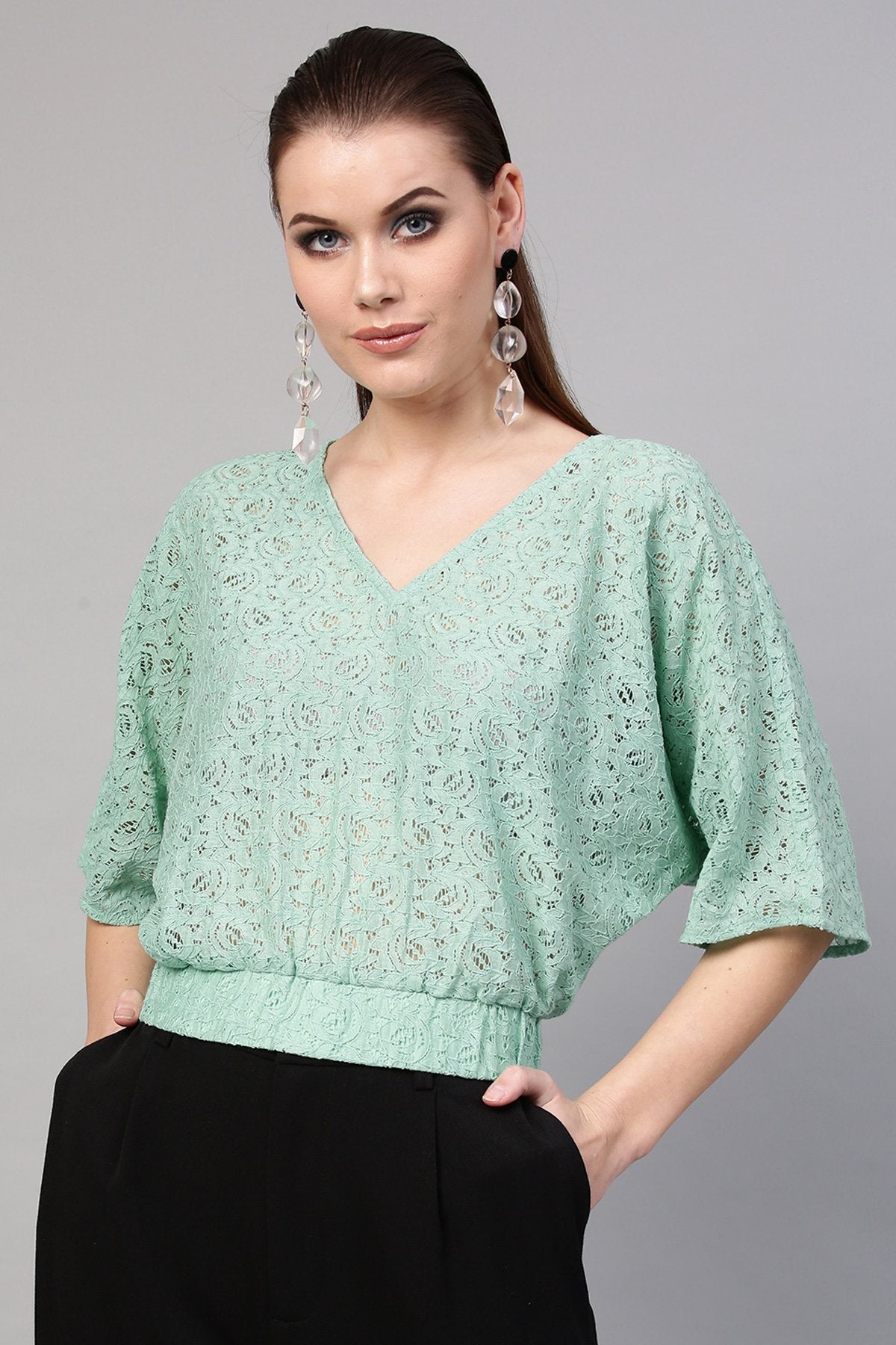 Women's Mint Blue Kimono Lace Crop Top - SASSAFRAS