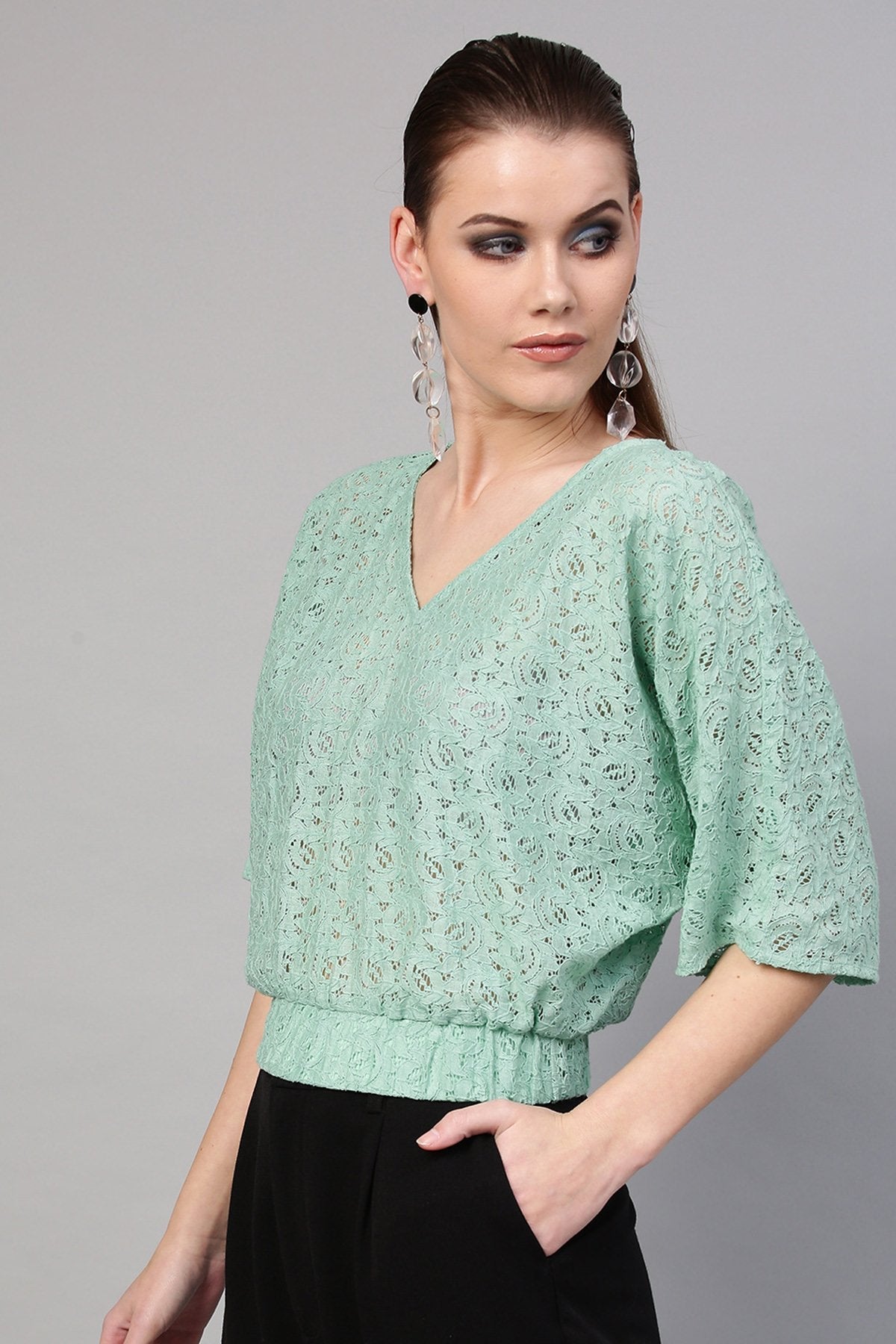 Women's Mint Blue Kimono Lace Crop Top - SASSAFRAS