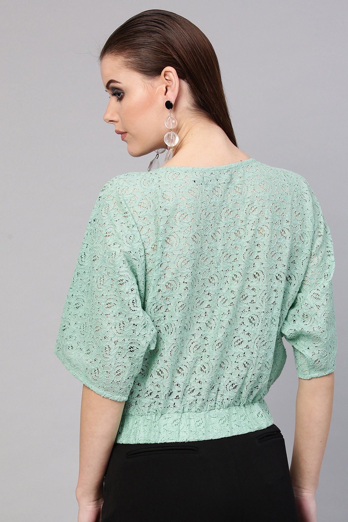 Women's Mint Blue Kimono Lace Crop Top - SASSAFRAS