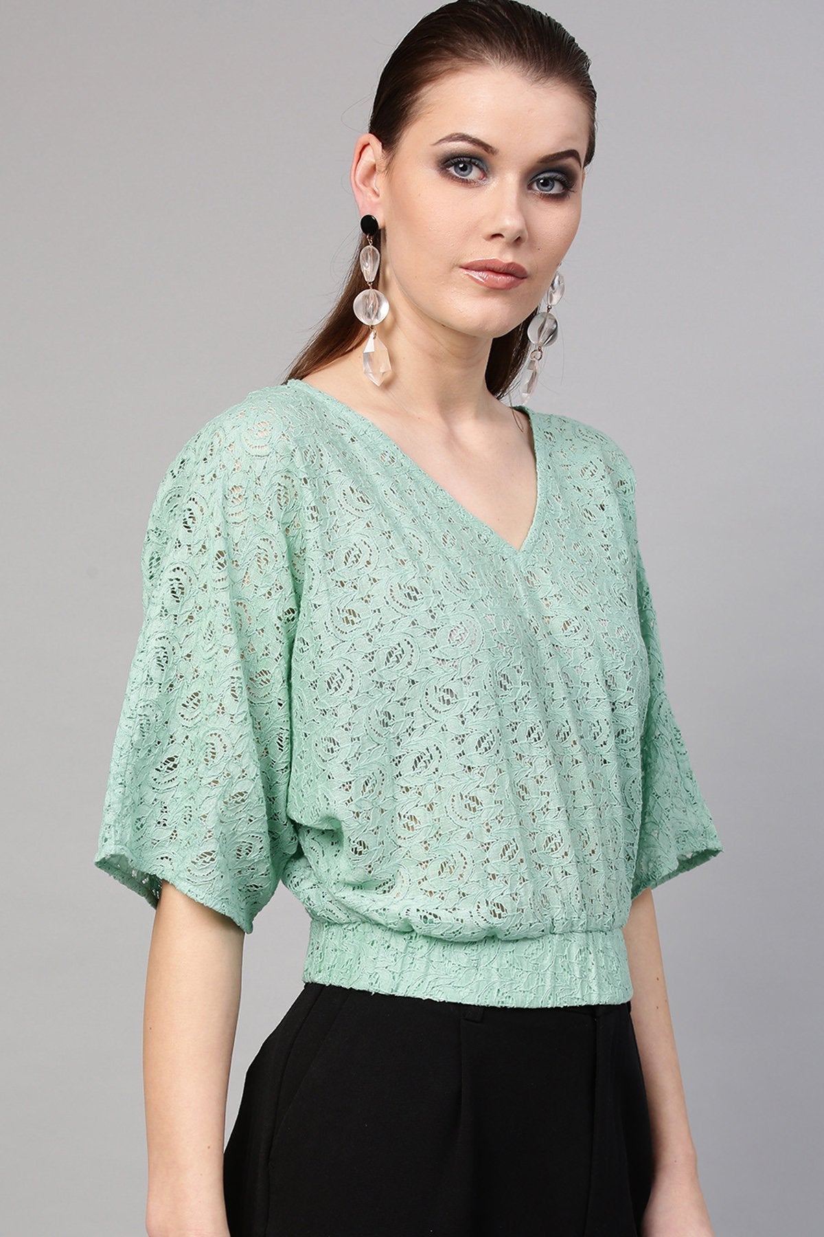 Women's Mint Blue Kimono Lace Crop Top - SASSAFRAS