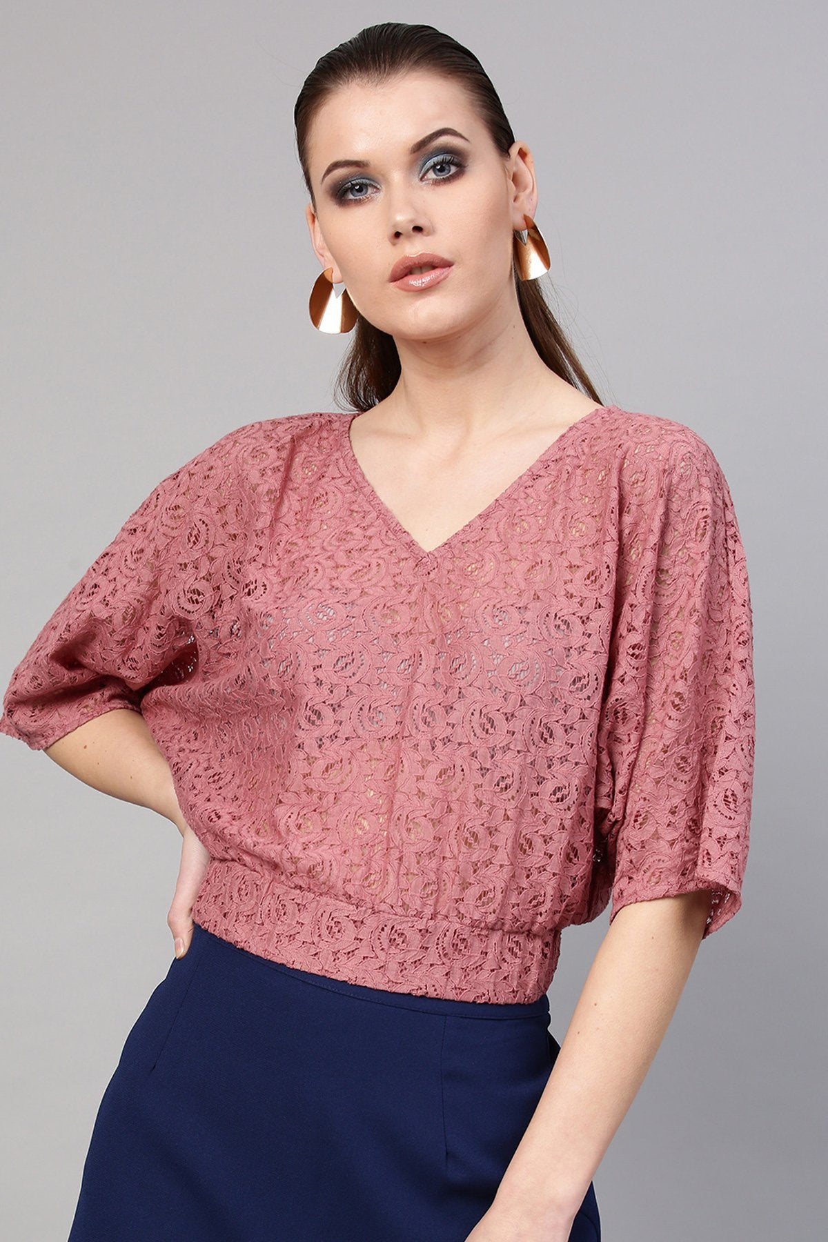 Women's Onion Pink Kimono Lace Crop Top - SASSAFRAS