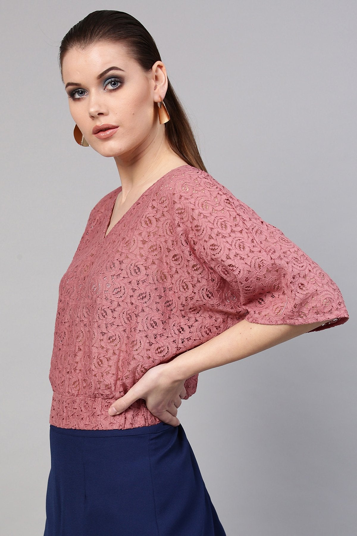 Women's Onion Pink Kimono Lace Crop Top - SASSAFRAS