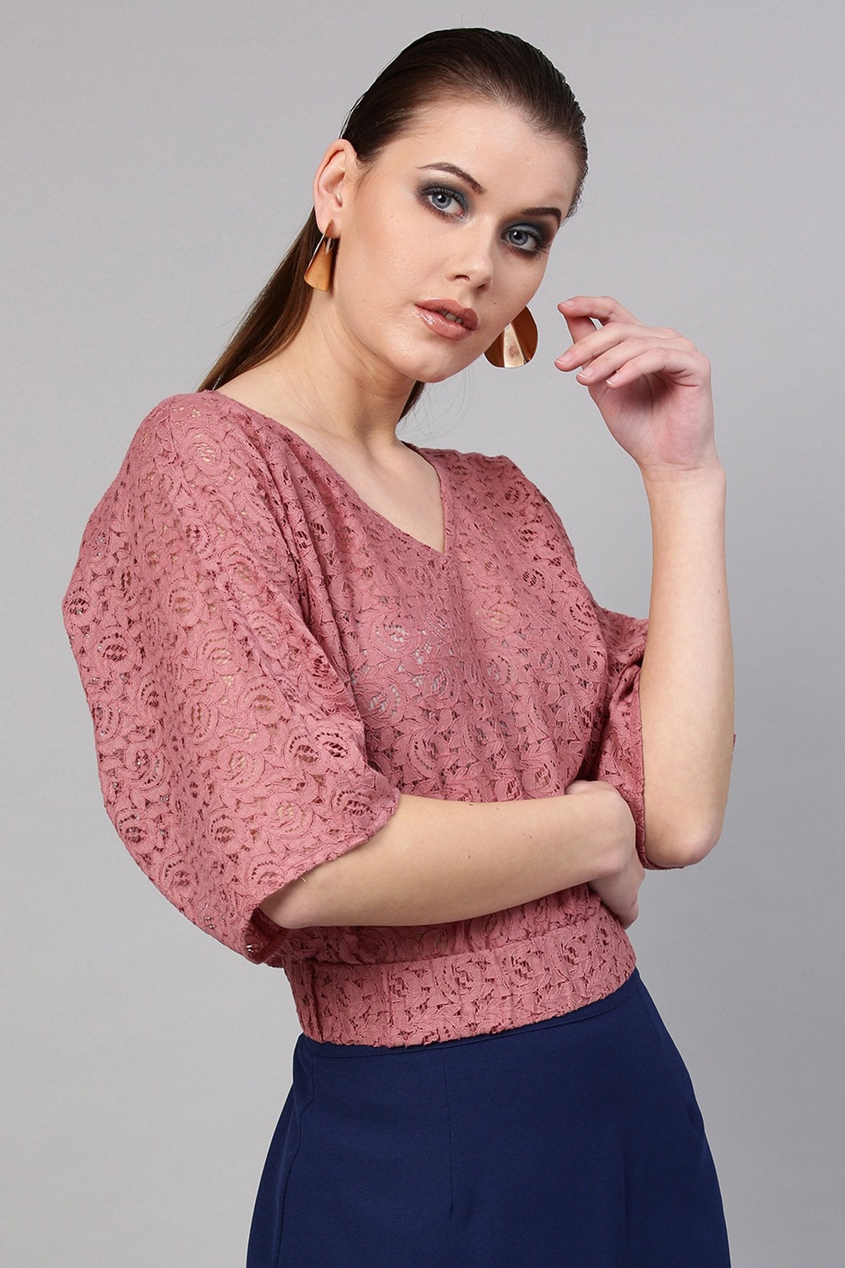 Women's Onion Pink Kimono Lace Crop Top - SASSAFRAS