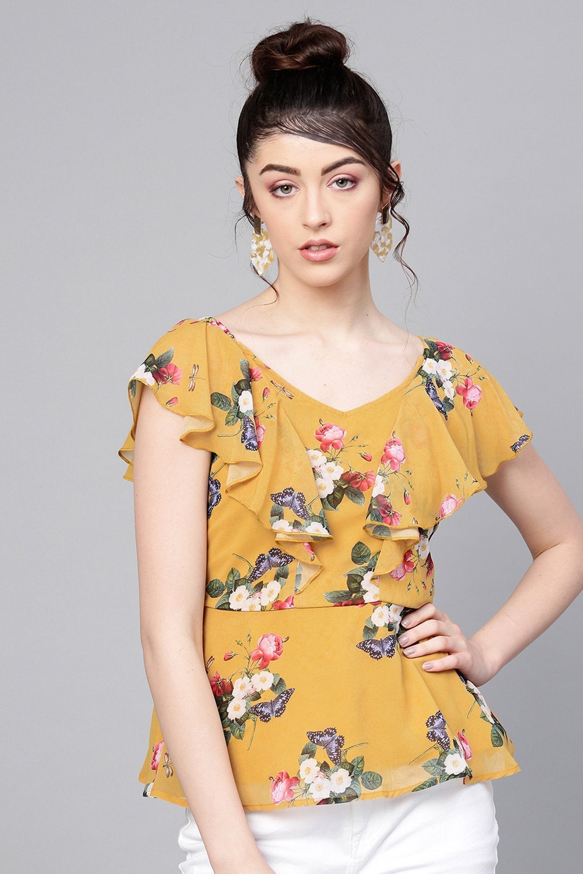 Women's Mustard Floral Sweetheart Neck Top - SASSAFRAS