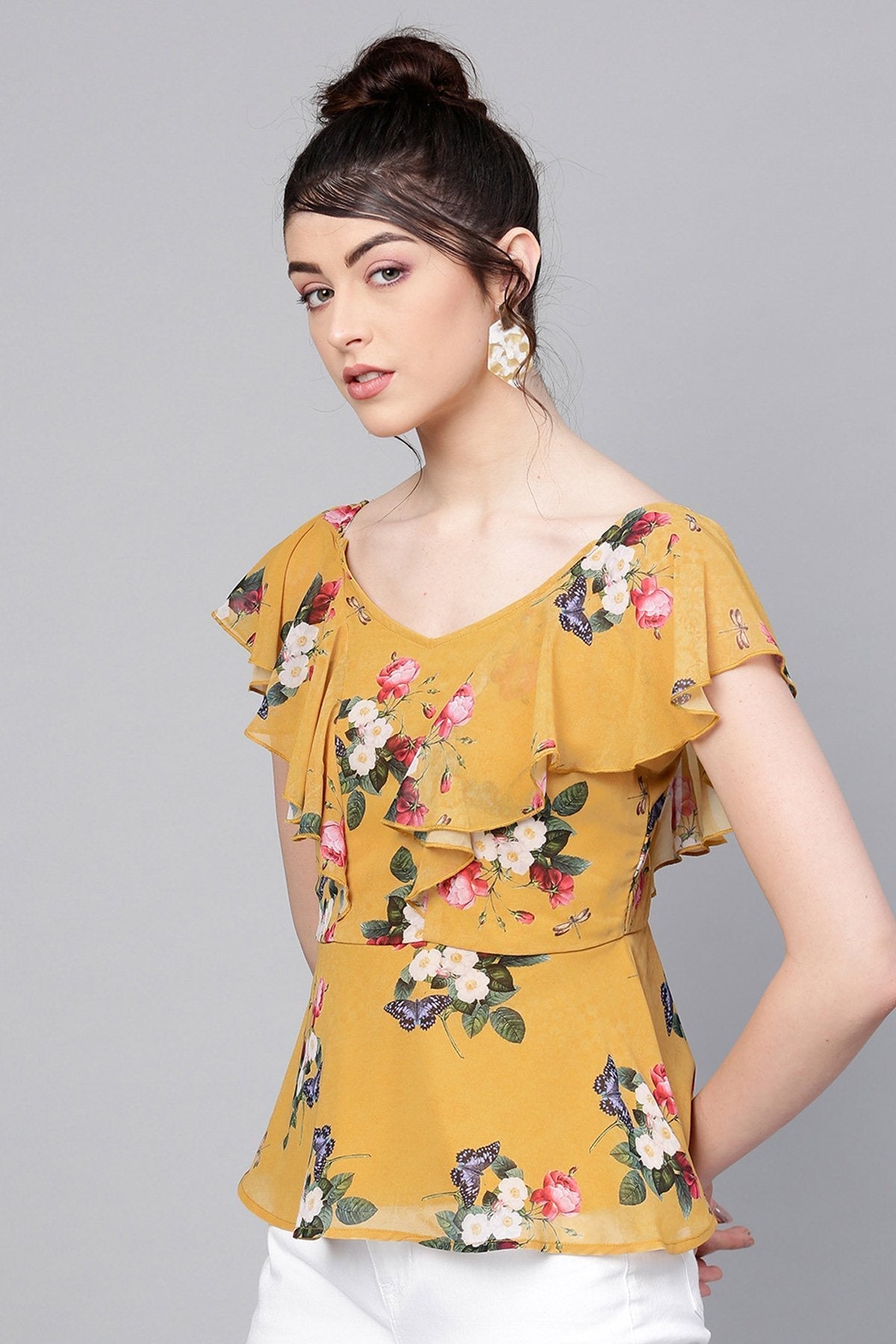 Women's Mustard Floral Sweetheart Neck Top - SASSAFRAS