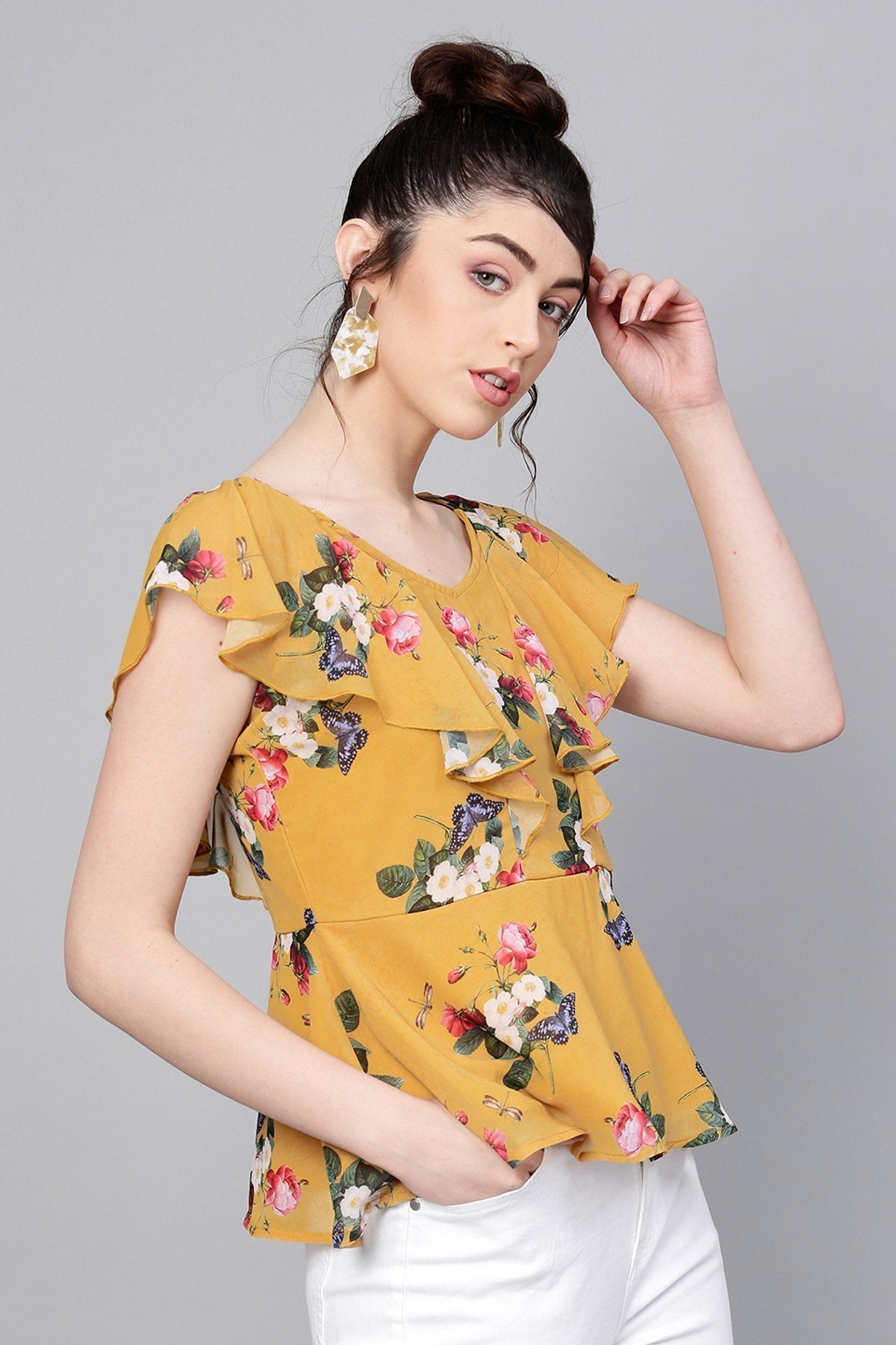 Women's Mustard Floral Sweetheart Neck Top - SASSAFRAS