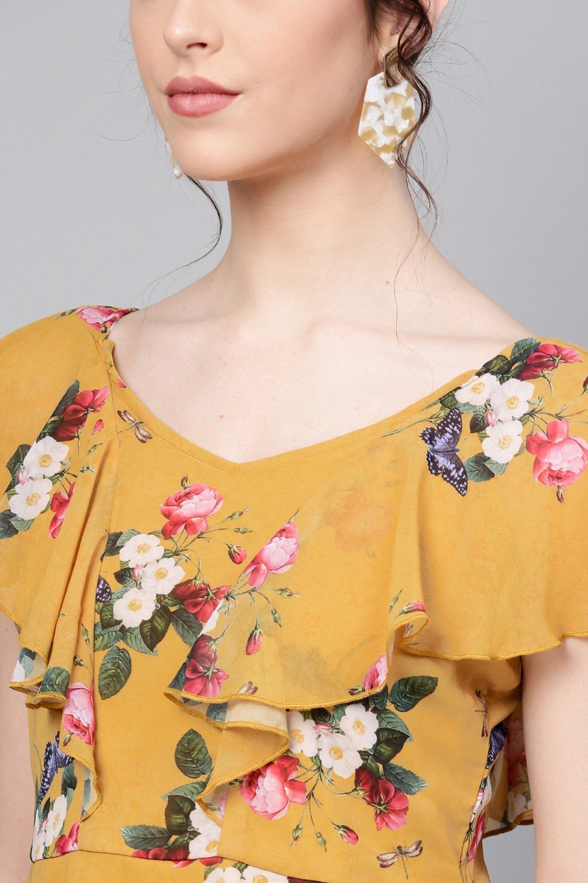 Women's Mustard Floral Sweetheart Neck Top - SASSAFRAS