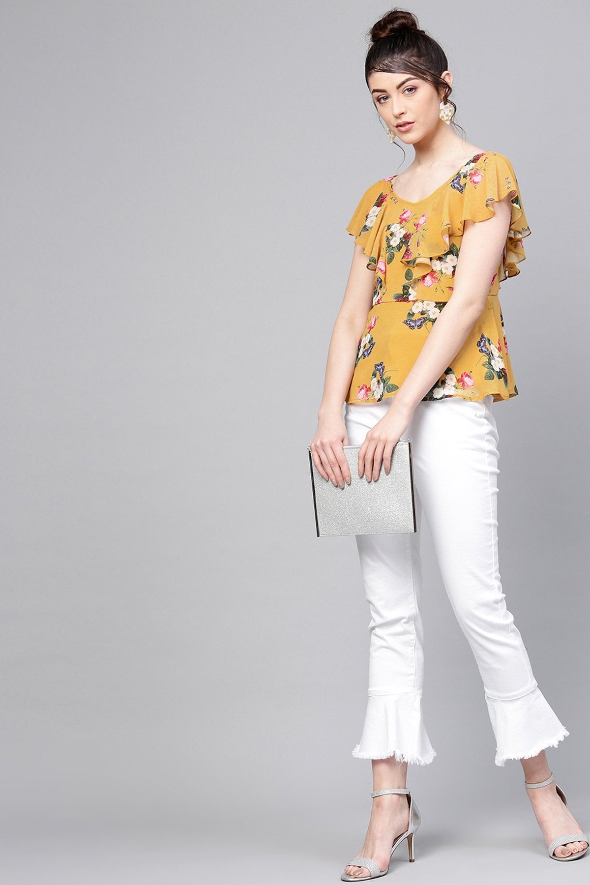 Women's Mustard Floral Sweetheart Neck Top - SASSAFRAS