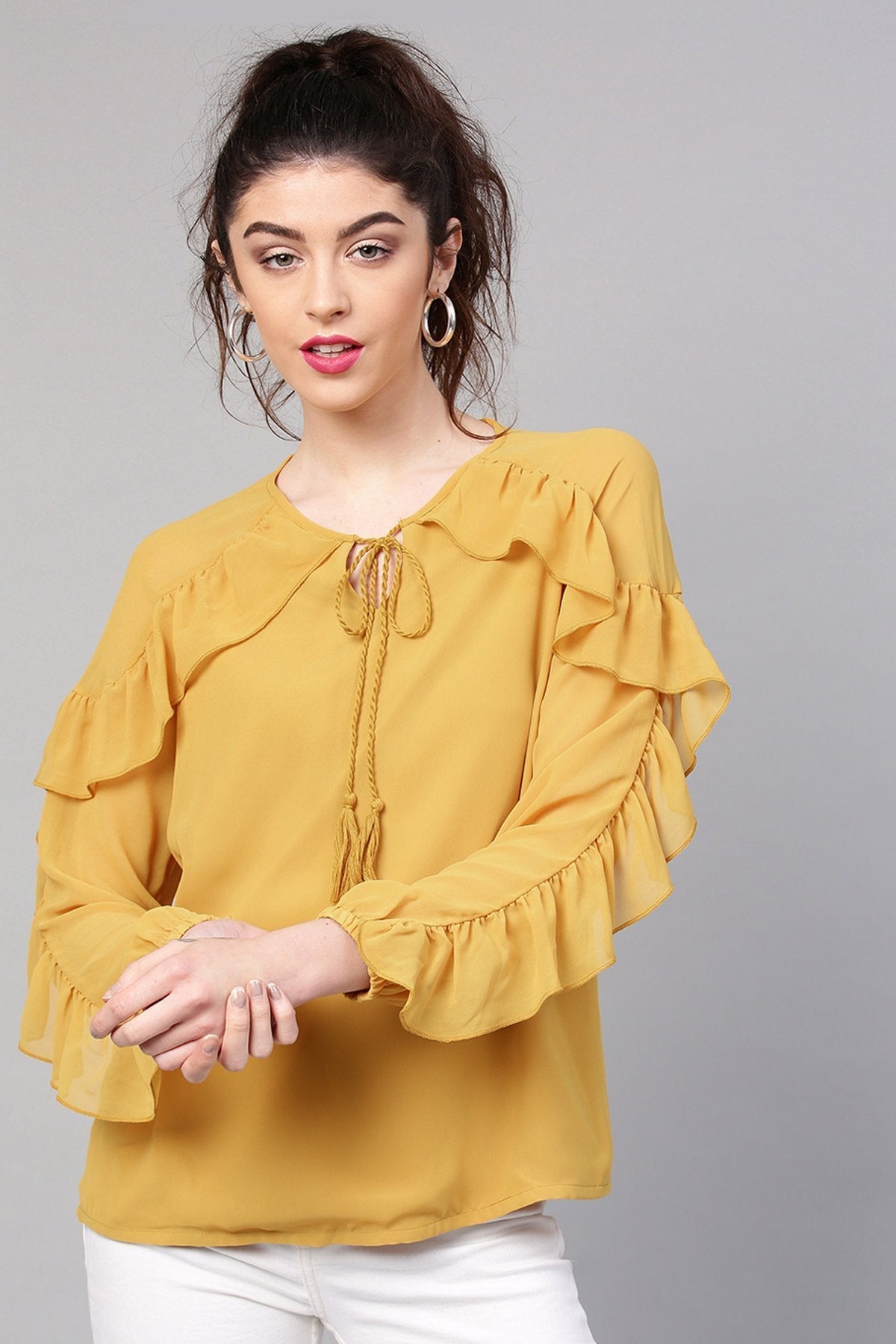 Women's Mustard Peasant Neck Frill Blouse