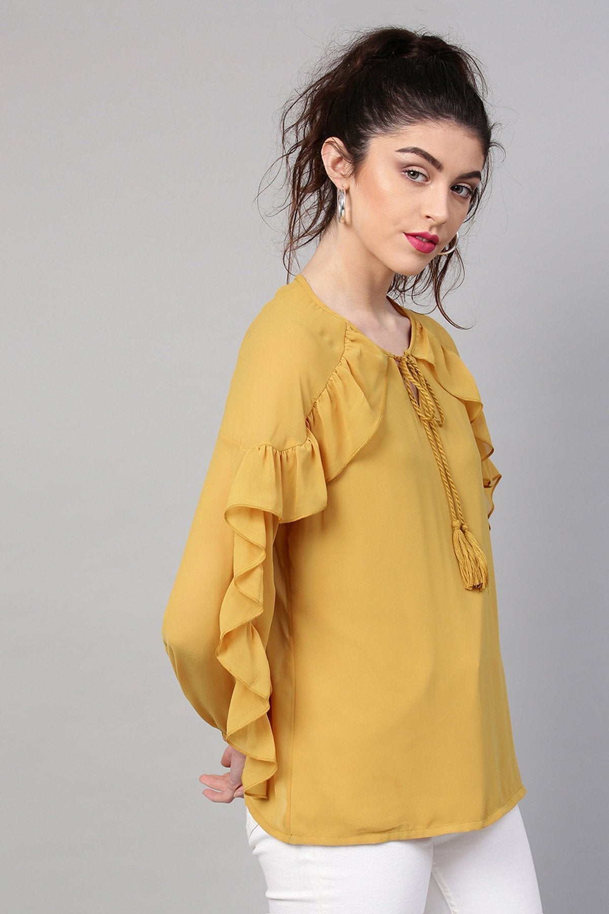 Women's Mustard Peasant Neck Frill Blouse