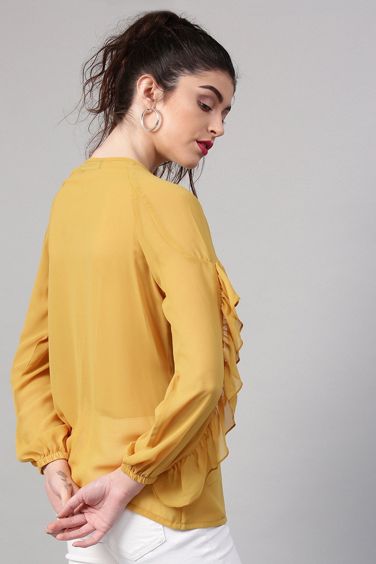 Women's Mustard Peasant Neck Frill Blouse