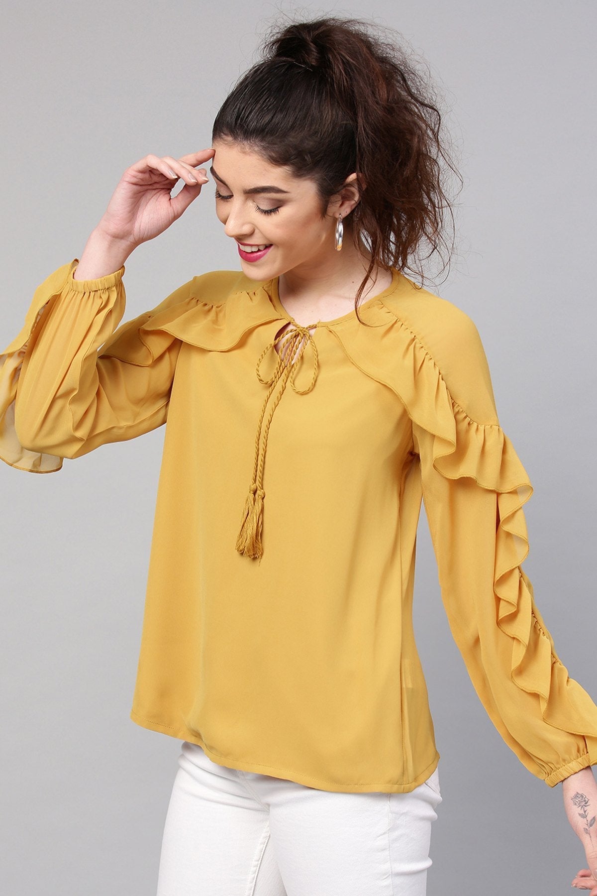 Women's Mustard Peasant Neck Frill Blouse