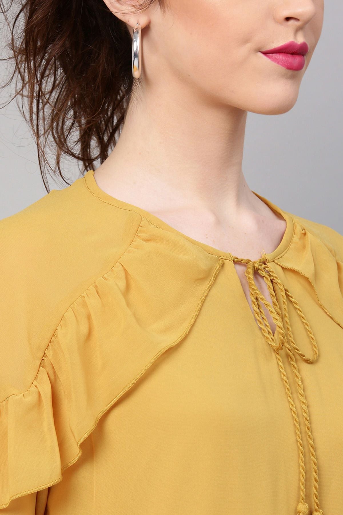 Women's Mustard Peasant Neck Frill Blouse
