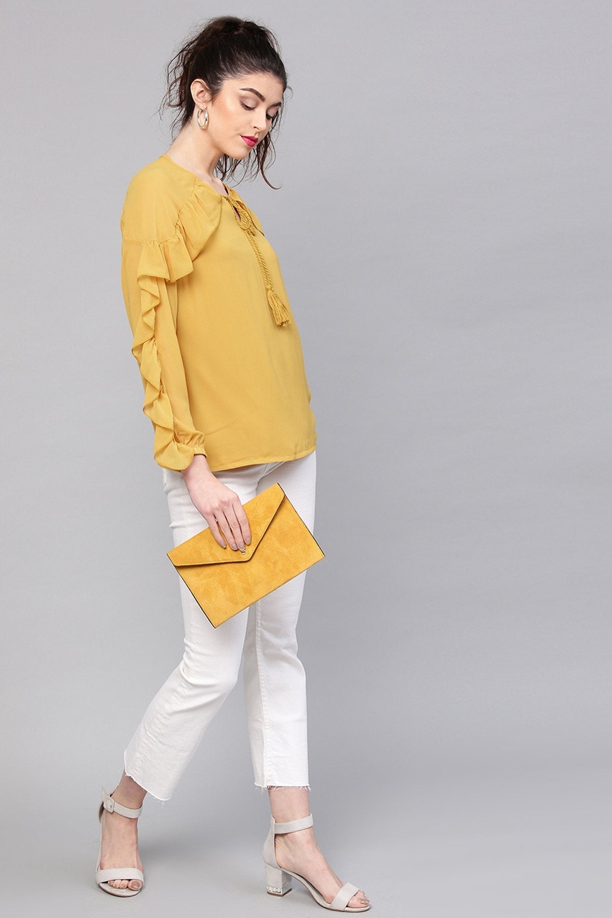 Women's Mustard Peasant Neck Frill Blouse