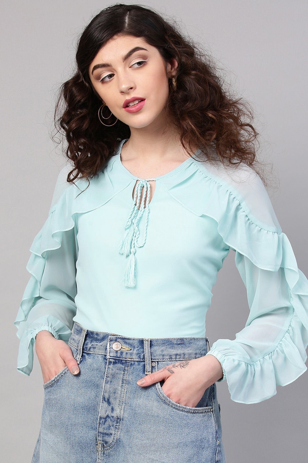 Women's Aqua Peasant Neck Frill Blouse