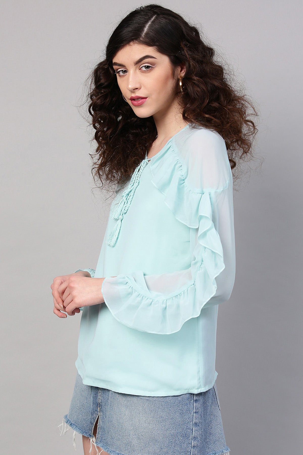 Women's Aqua Peasant Neck Frill Blouse