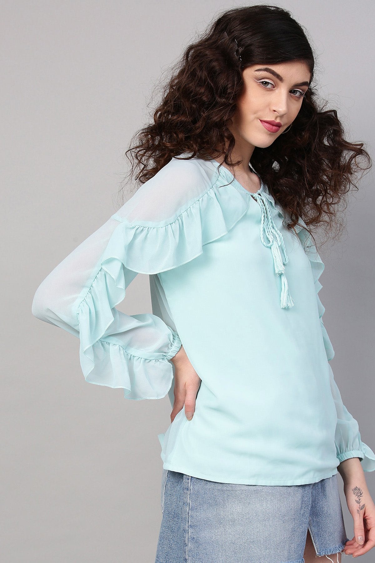 Women's Aqua Peasant Neck Frill Blouse