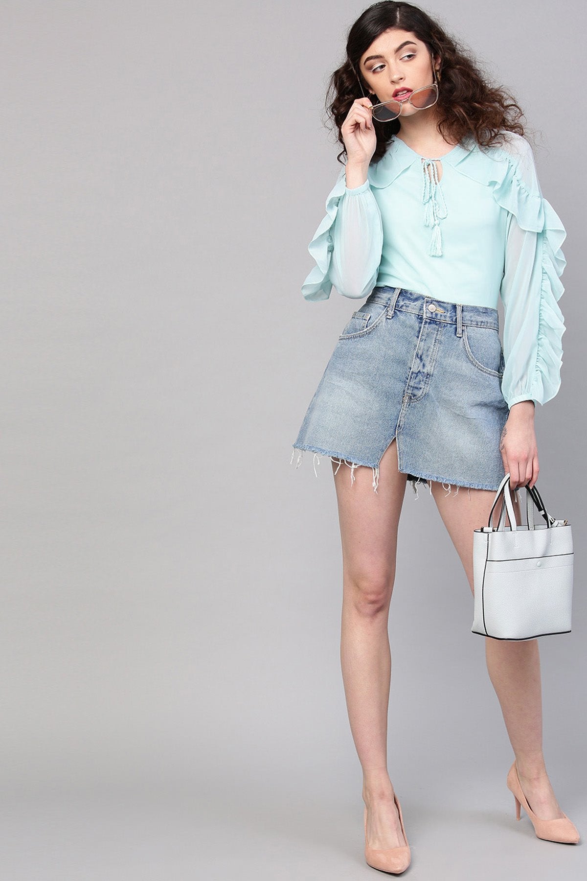 Women's Aqua Peasant Neck Frill Blouse