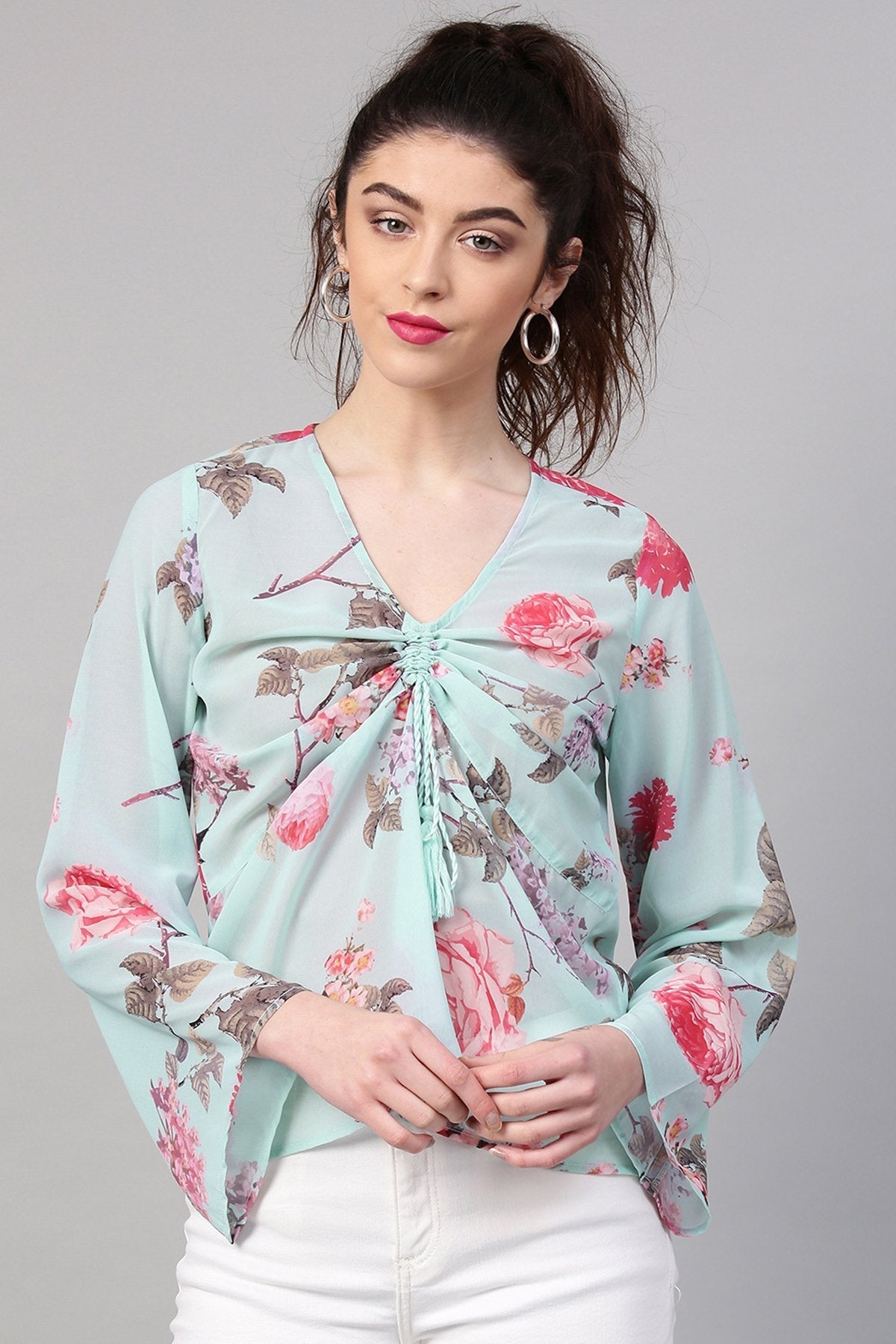 Women's Aqua Floral Ruched Front Top - SASSAFRAS