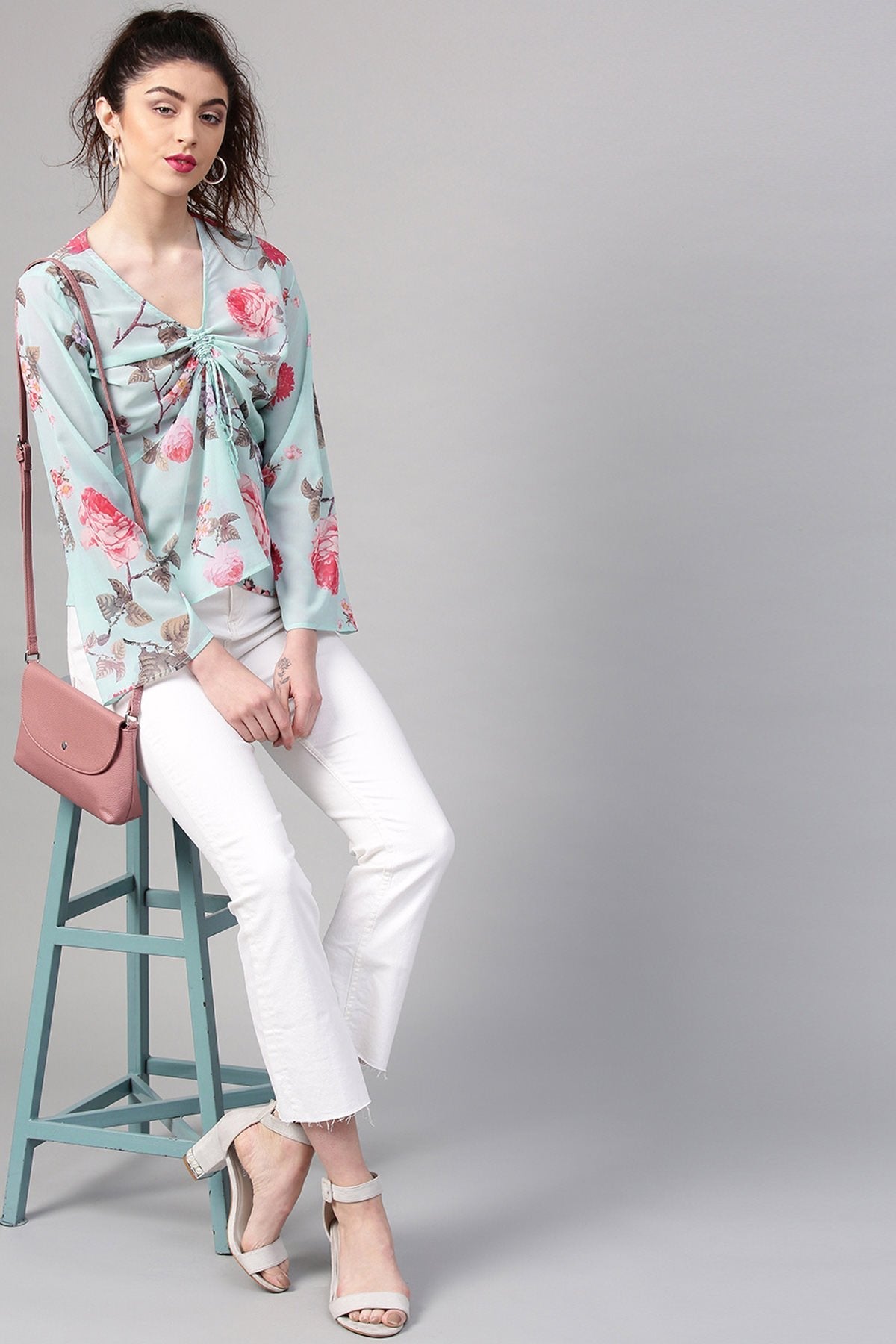 Women's Aqua Floral Ruched Front Top - SASSAFRAS