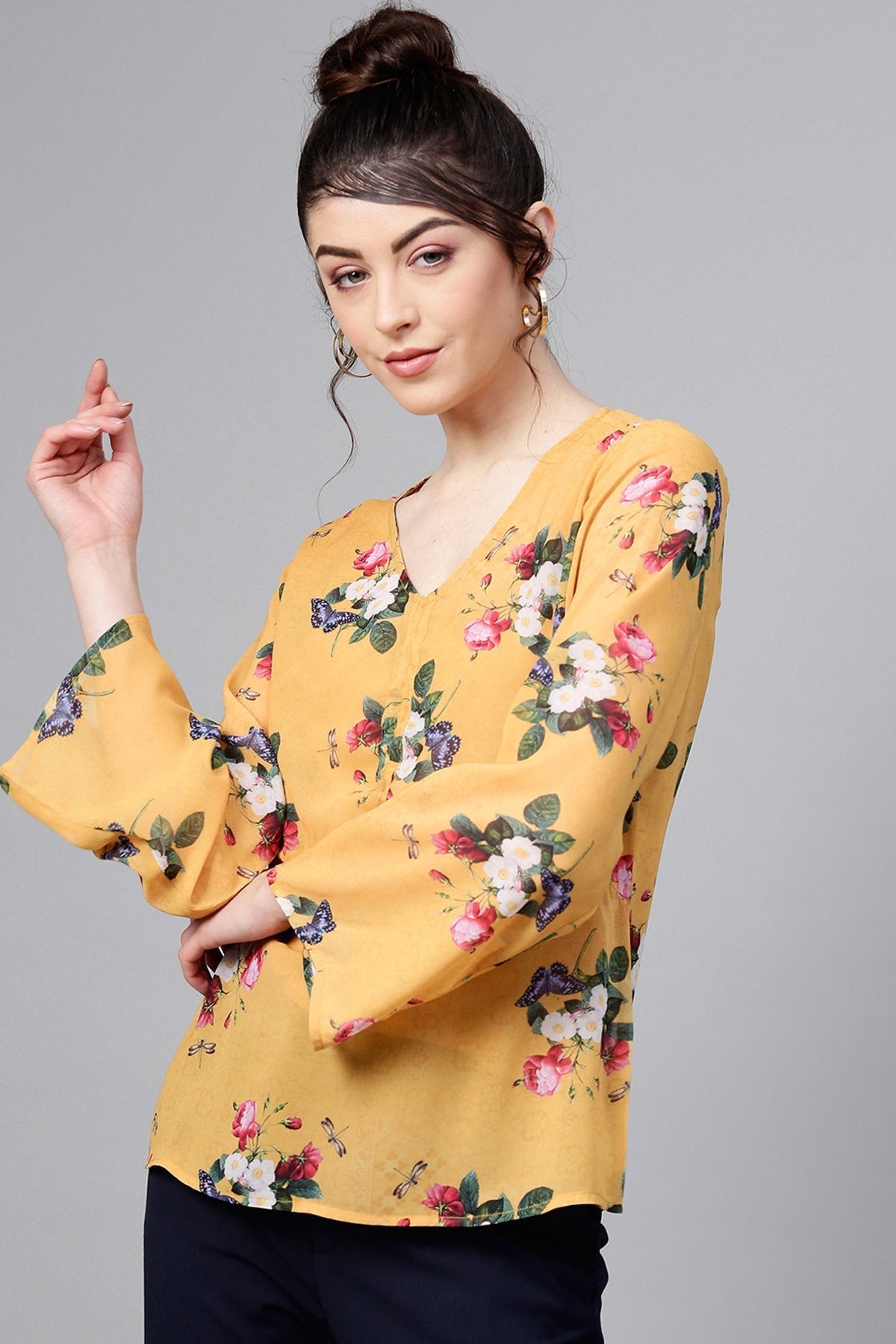 Women's Mustard Floral Ruched Front Top - SASSAFRAS