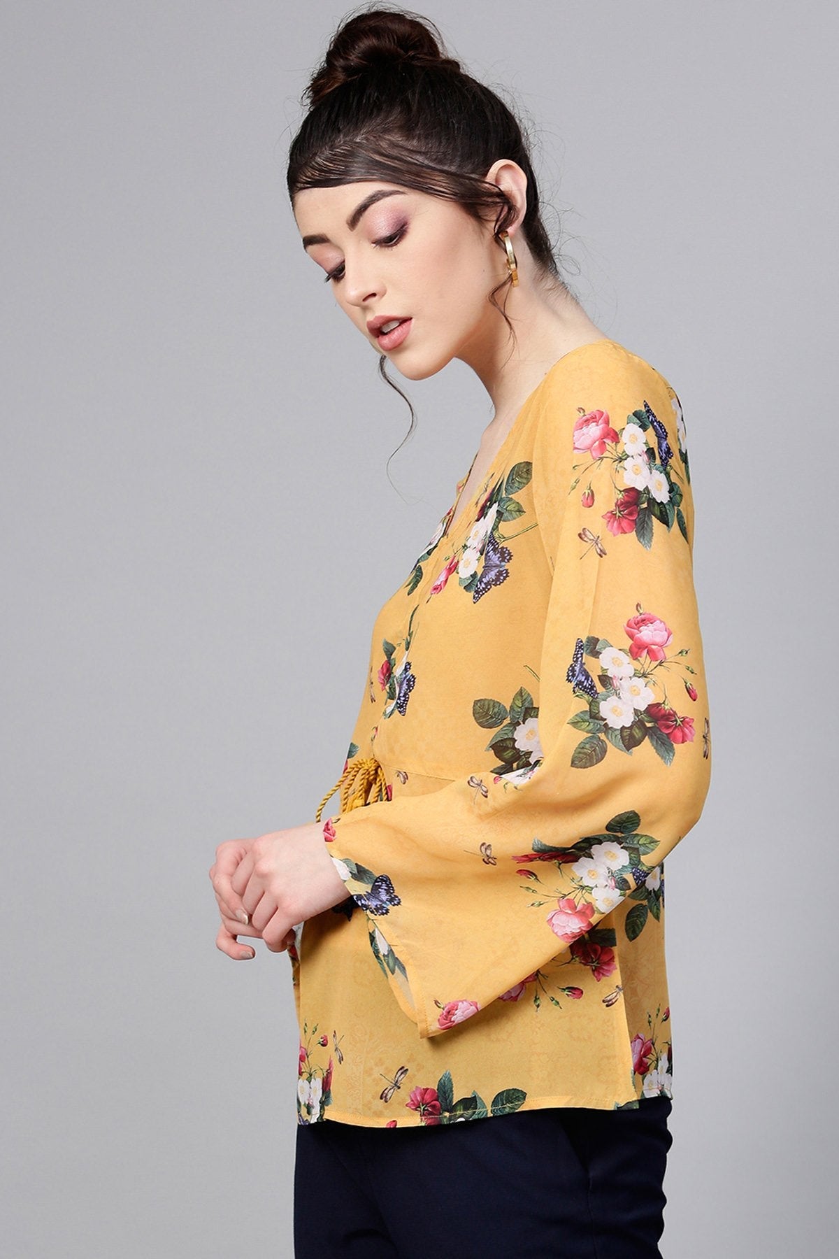 Women's Mustard Floral Ruched Front Top - SASSAFRAS