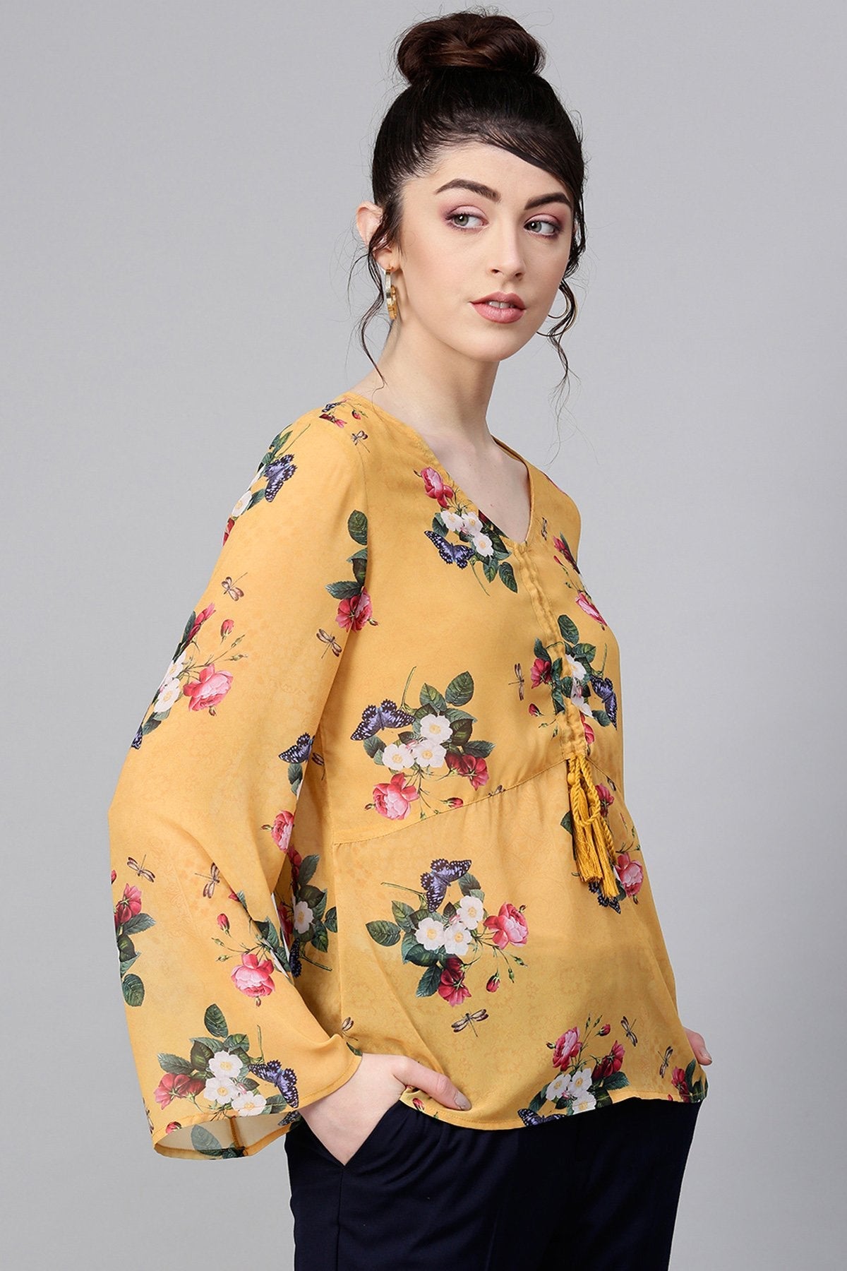 Women's Mustard Floral Ruched Front Top - SASSAFRAS