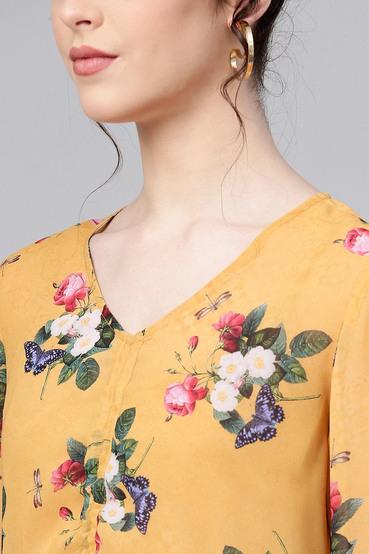 Women's Mustard Floral Ruched Front Top - SASSAFRAS