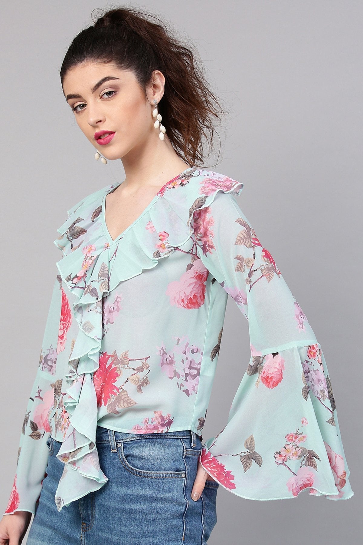 Women's Aqua Floral Ruffled V-Neck Blouse