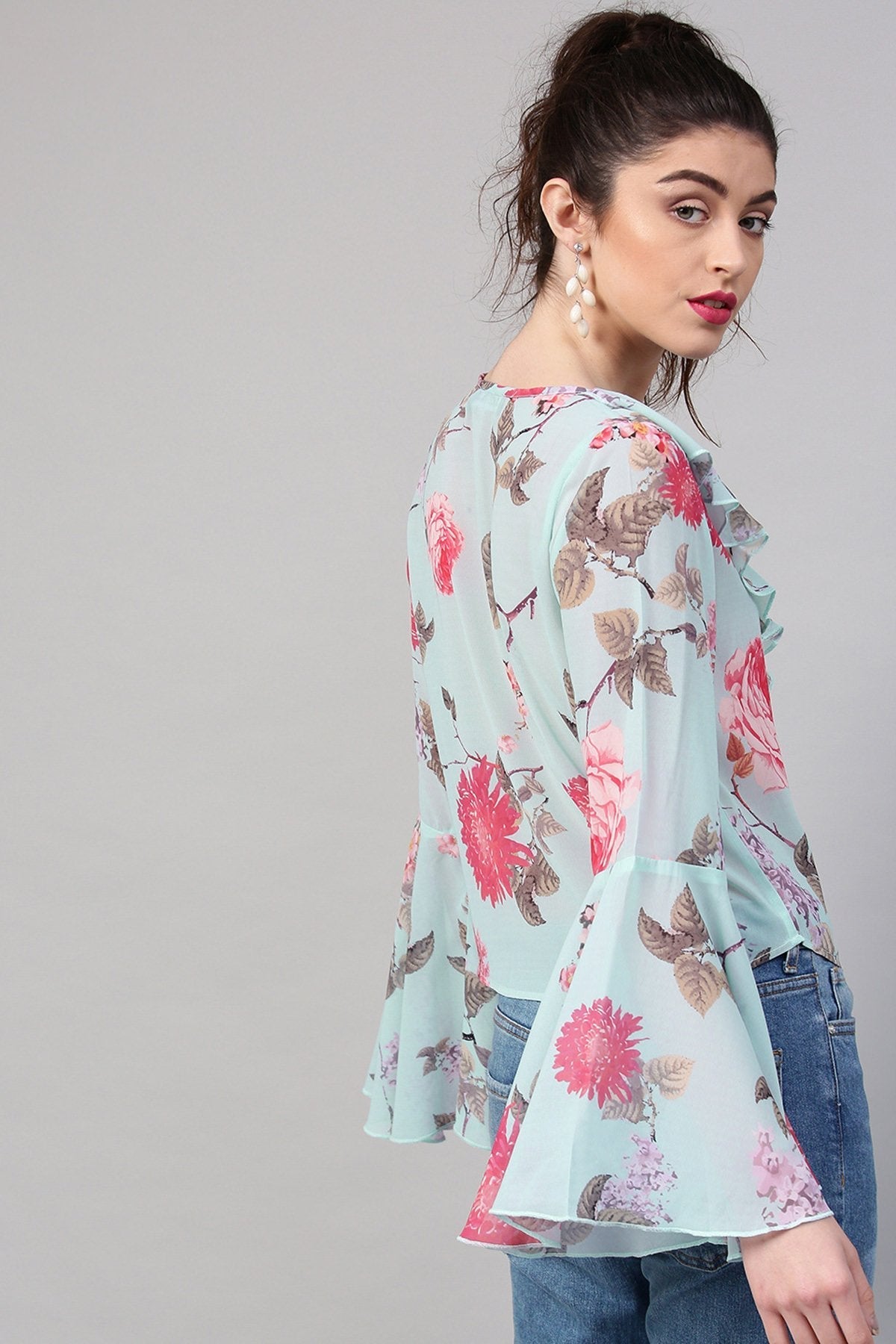 Women's Aqua Floral Ruffled V-Neck Blouse