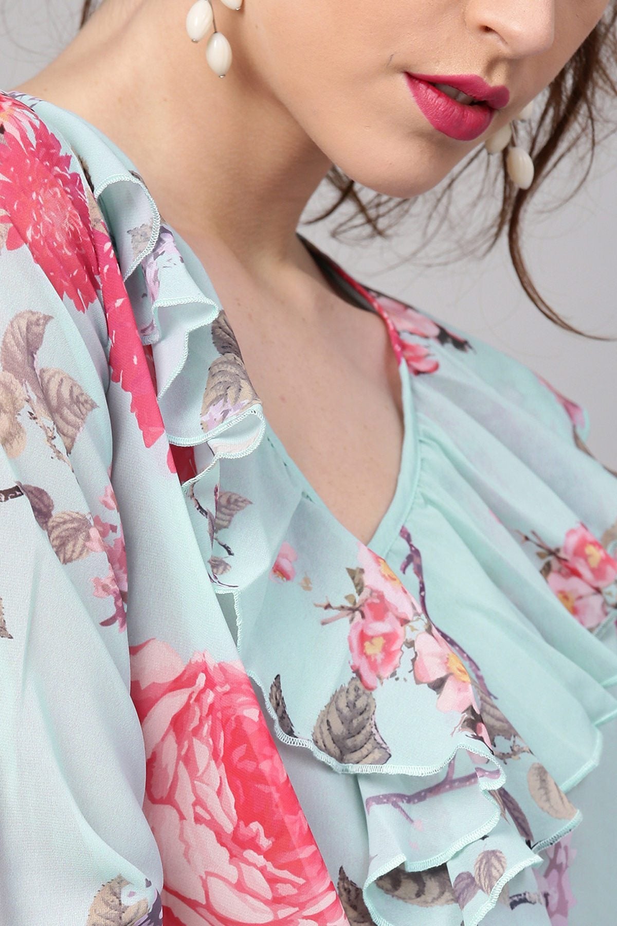 Women's Aqua Floral Ruffled V-Neck Blouse