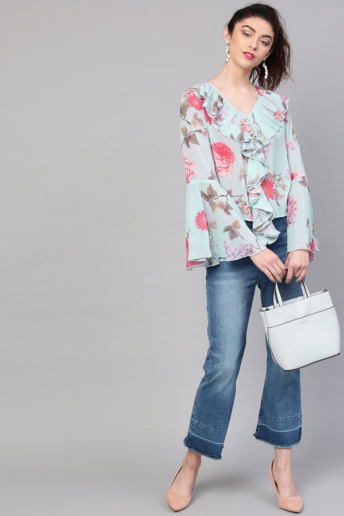 Women's Aqua Floral Ruffled V-Neck Blouse