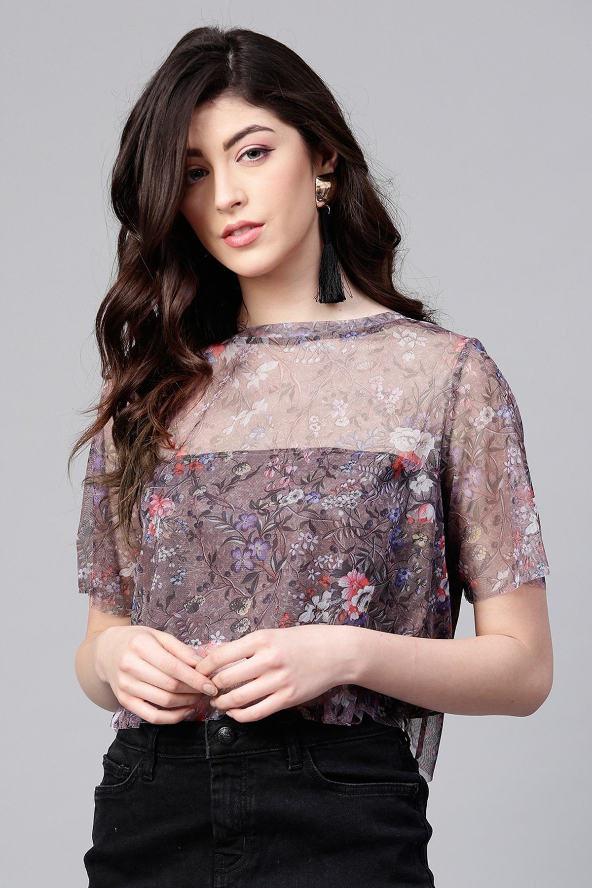 Women's Brown Mesh Floral Boxy Crop Top - SASSAFRAS