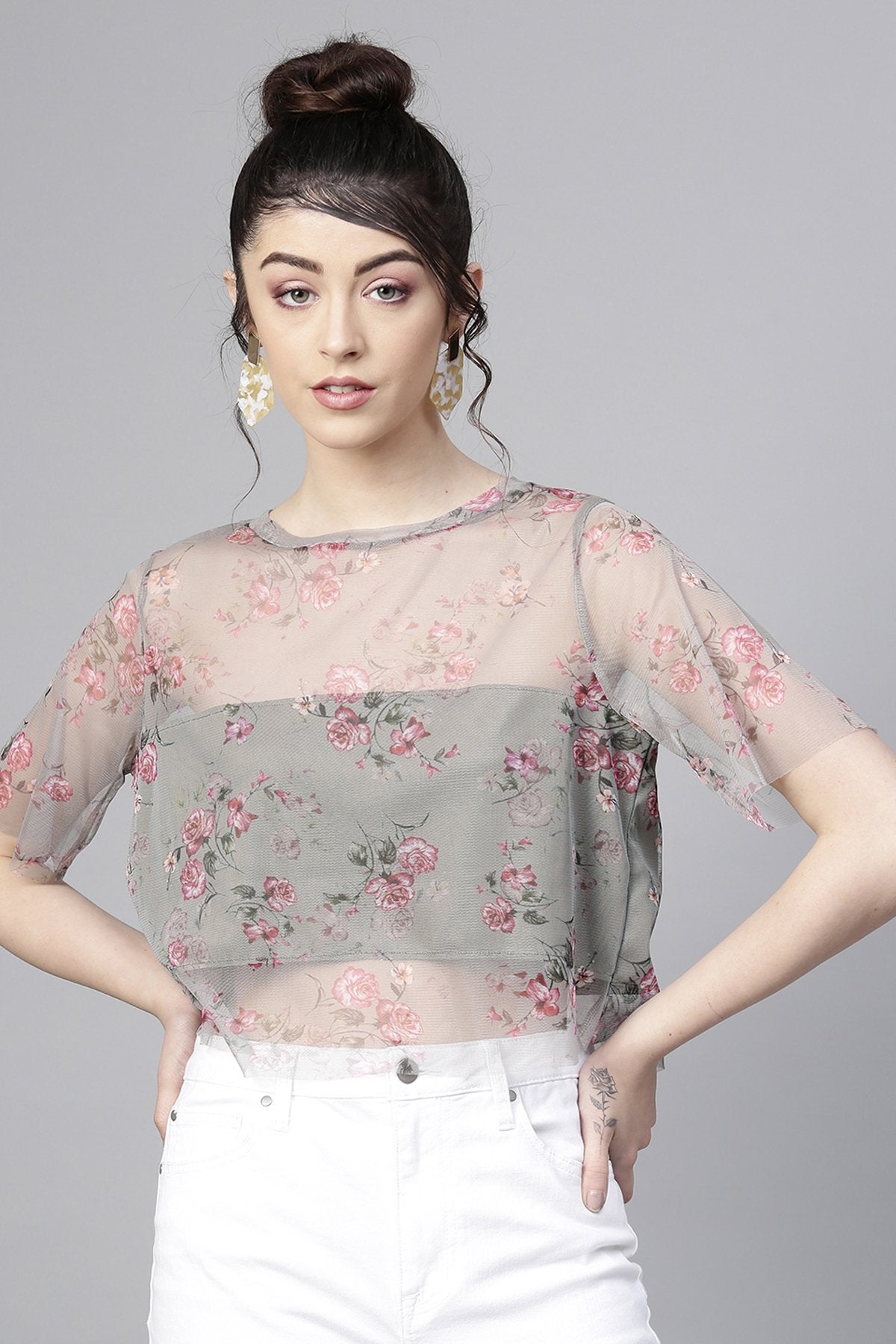 Women's Olive Mesh Floral Boxy Crop Top - SASSAFRAS